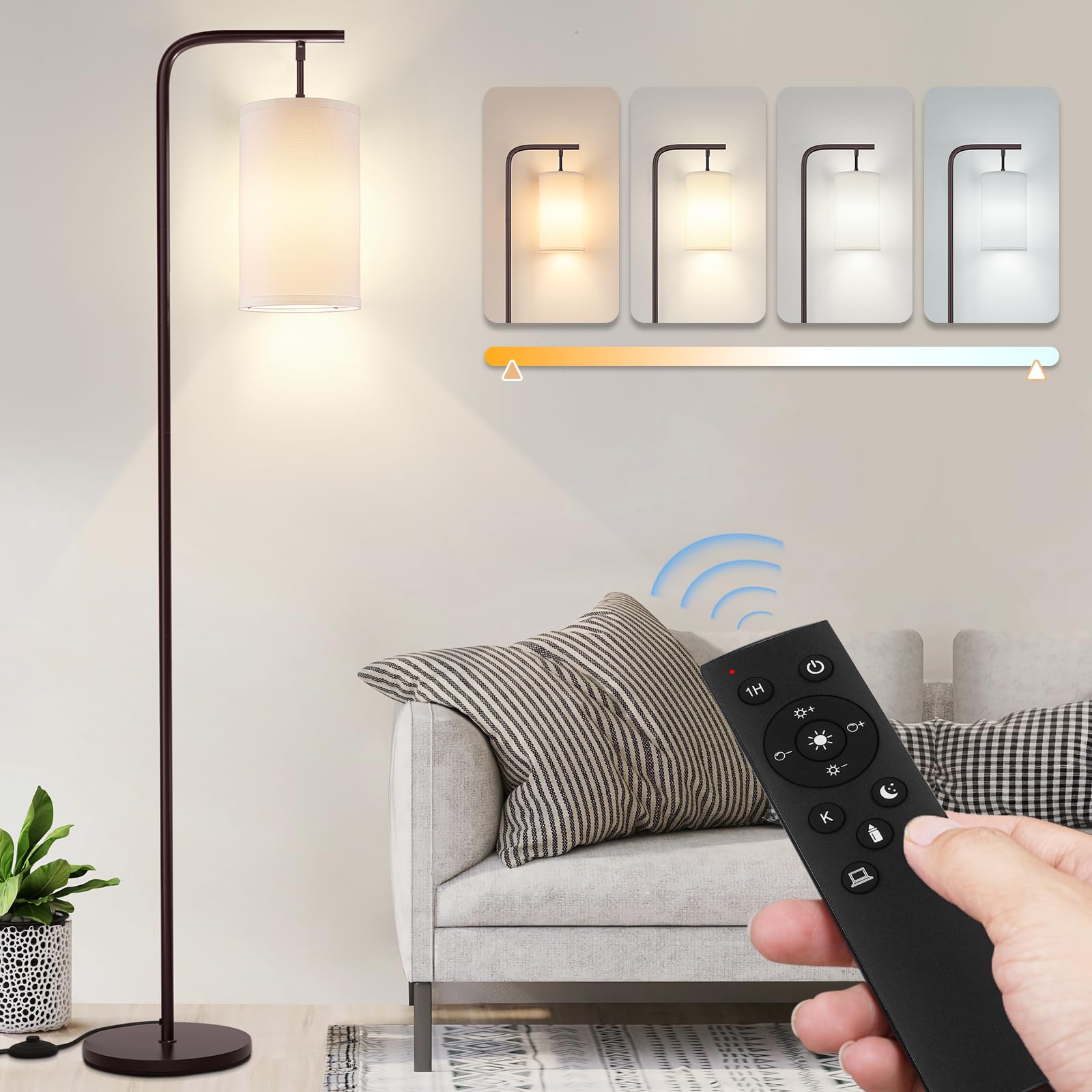 Coucrek Floor Lamp for Living Room, 9W LED Bulb, Remote Custom Color Temperature & Brightness, Standing Lamps for Bedroom Office