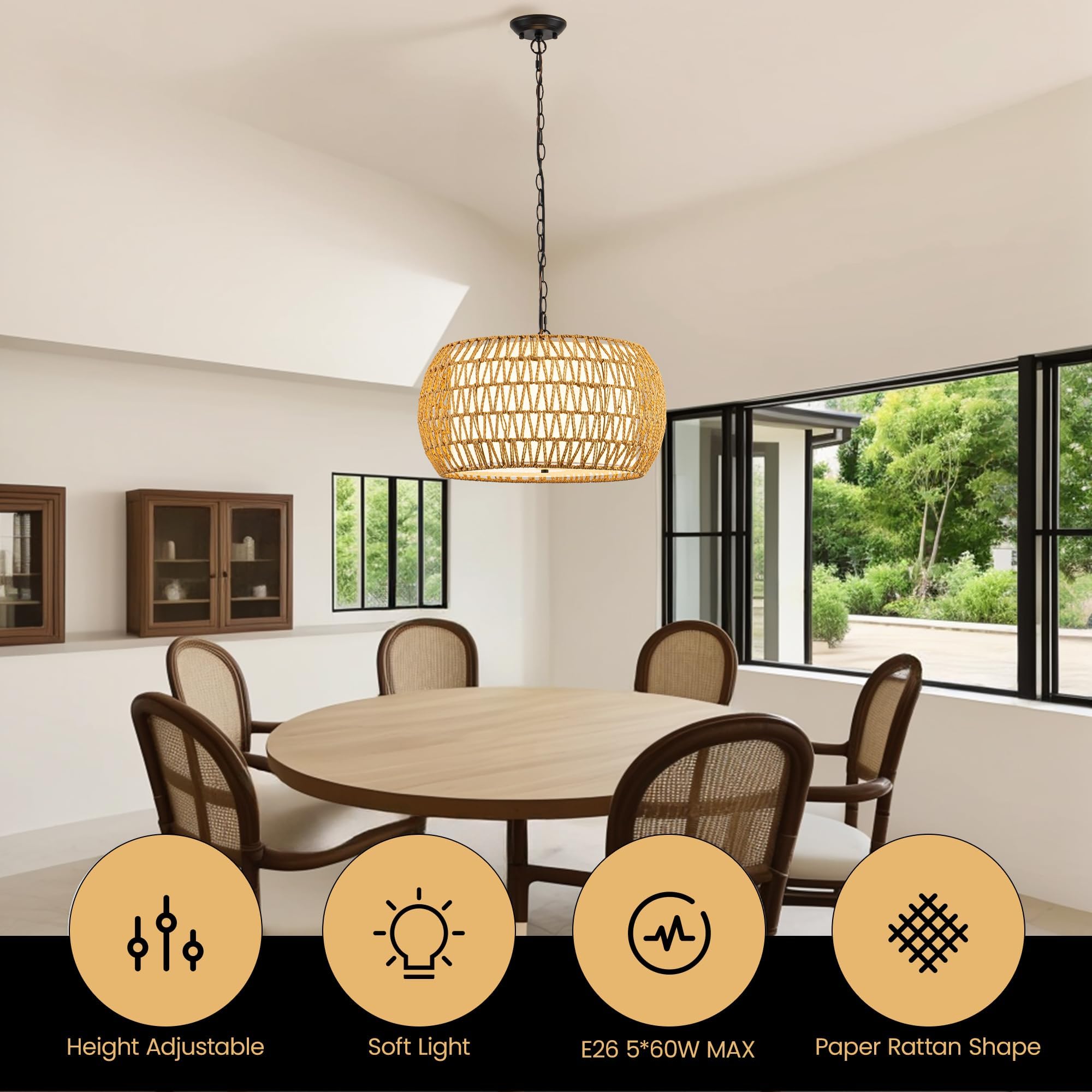 18.1'' Boho Rattan Chandelier - 5-Light Handwoven Farmhouse Pendant Light For Kitchen Island, Dining Room, Living Room With Fabr