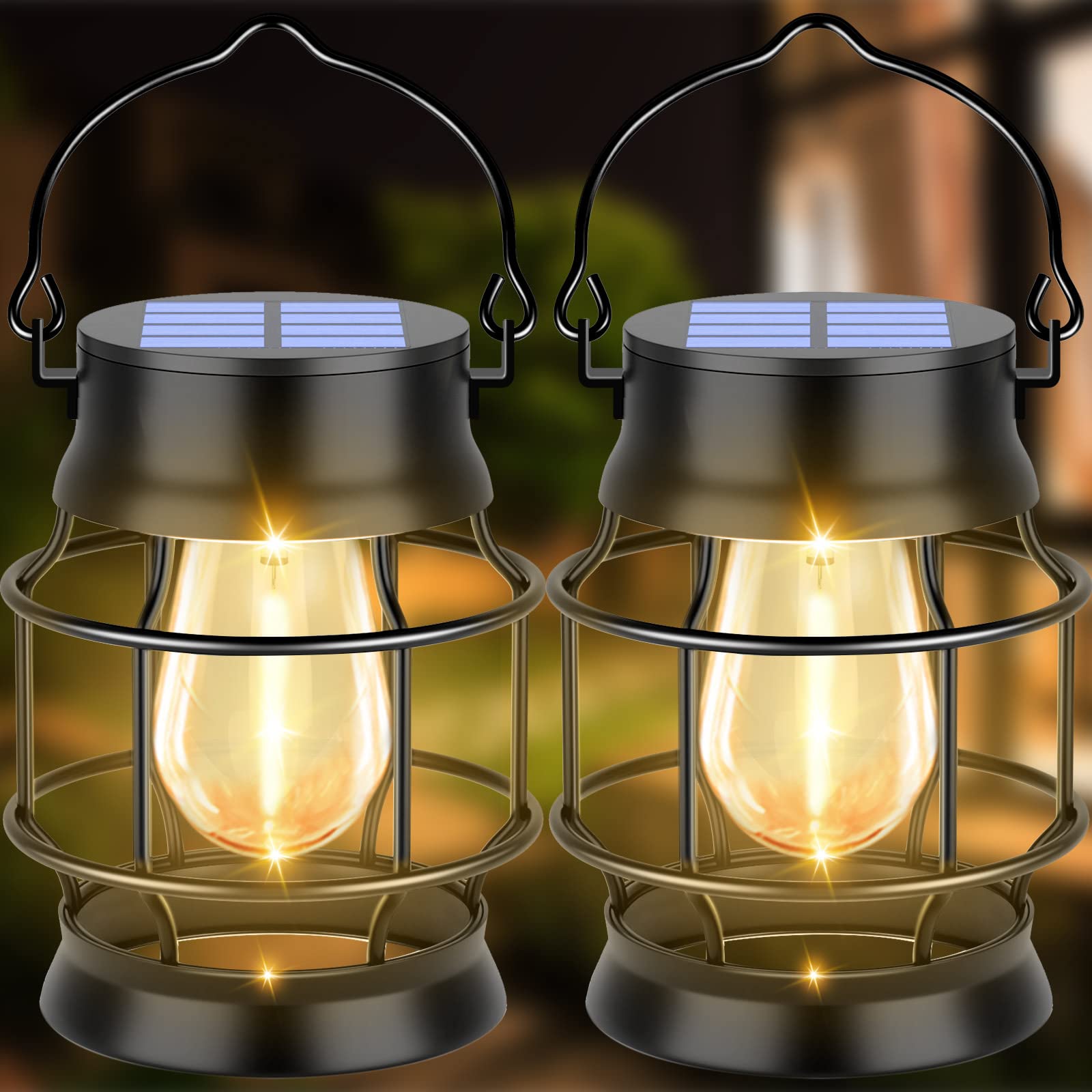 UBright 2 Pack Solar Lantern Lights Outdoor Waterproof Metal Hanging Solar Lights for Outside Retro Design with Edison Bulb Deco