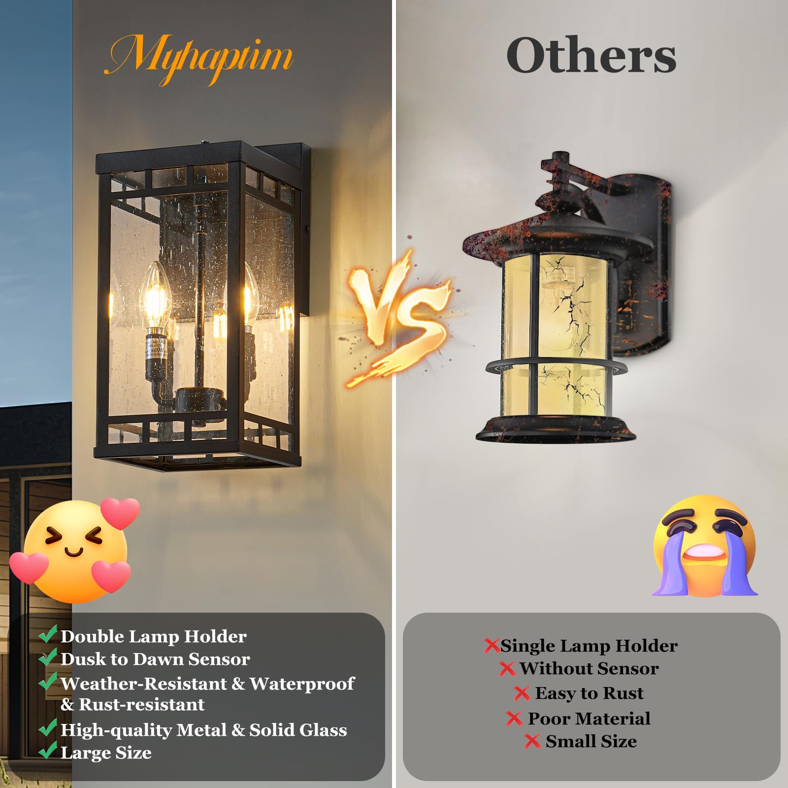 2-Light Large Size Porch Light With Dusk To Dawn Sensor For Outdoor, Waterproof Outdoor Light Fixture With Bubble Glass, Porch L