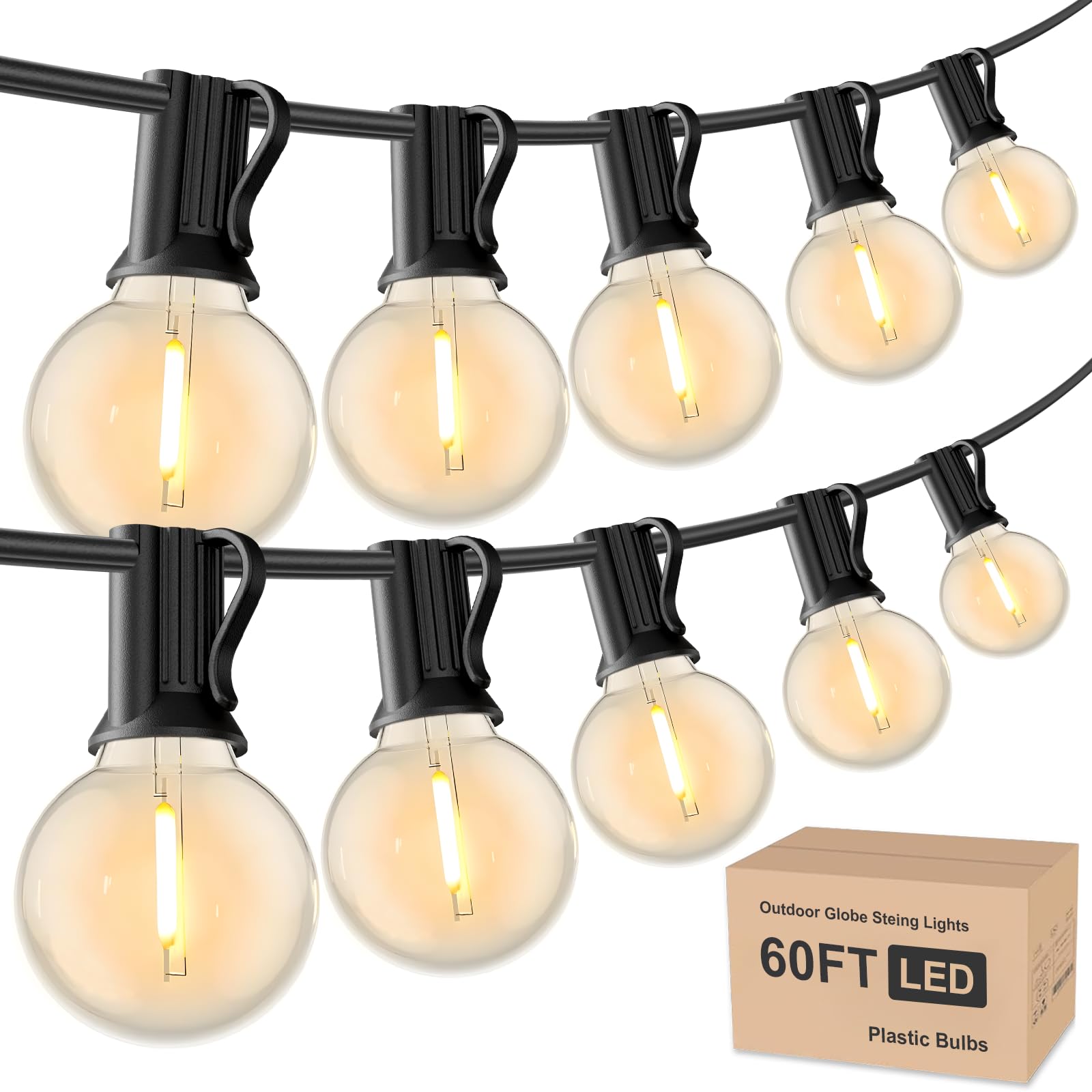 Rtty Outdoor String Lights 60 Ft, G40 Led Patio Globe Lights With 32Pcs Plastic Bulbs,Shatterproof Waterproof Connectable Hangin