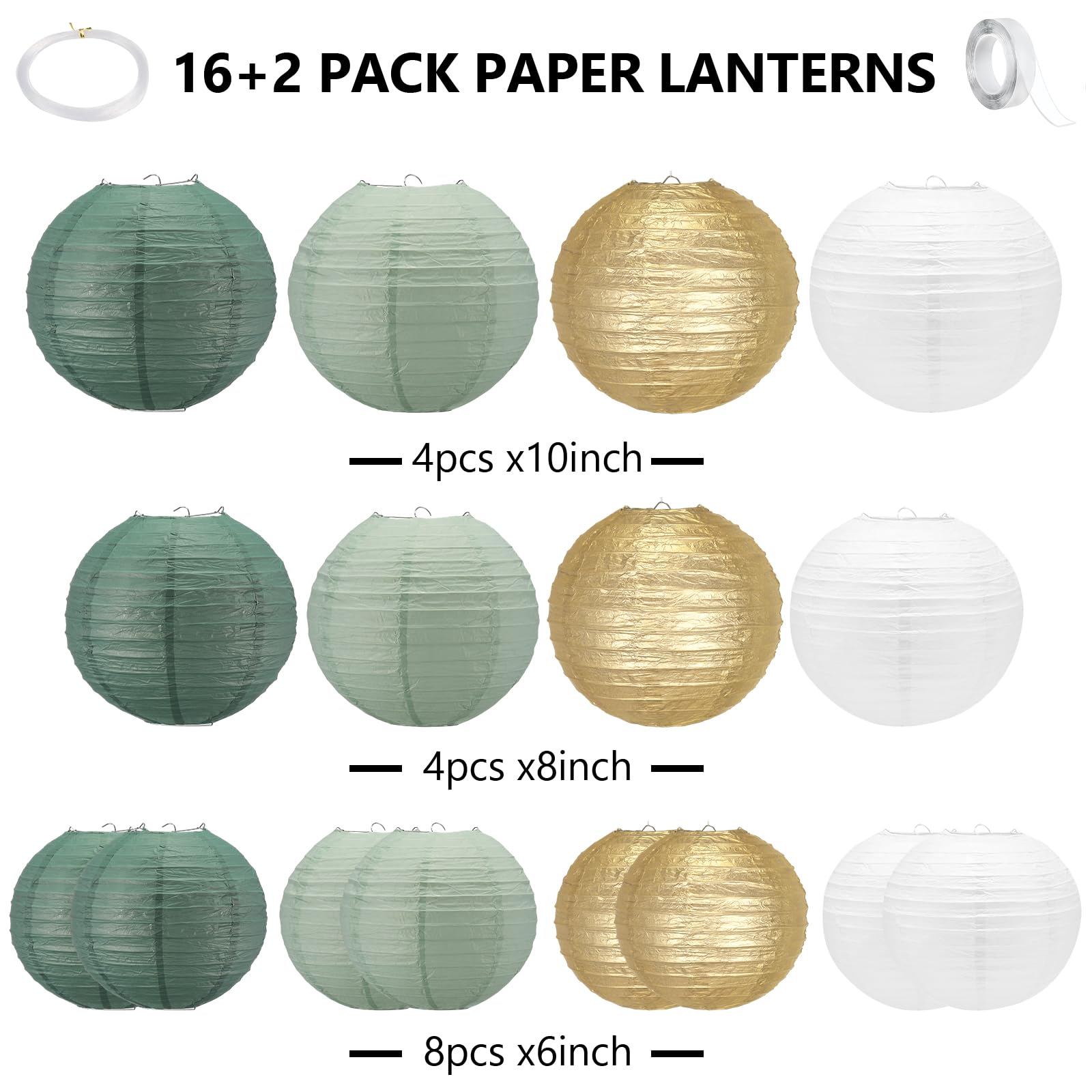 Sage Green Paper Lanterns,16Pack Gold Green White Party Decorations With Tape And String,Hanging For Bridal Shower Decor,Graduat