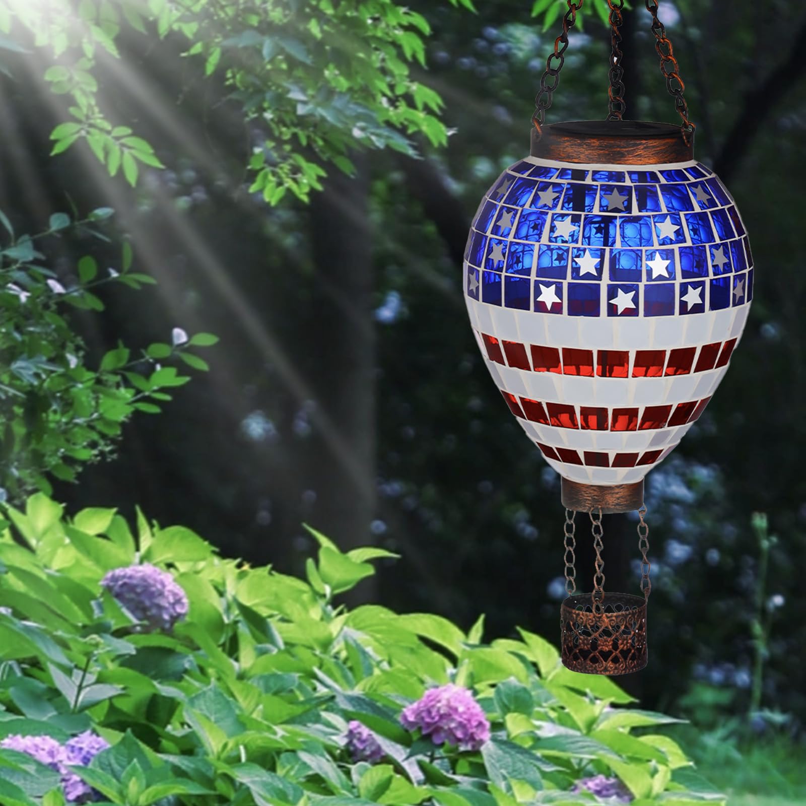 Voreen American Flag Hot Air Balloon Solar Lantern  Handmade Mosaic Outdoor Hanging Wind Light  Ip44 Waterproof  Patio Decorations  Gift For Mom Wife Friend  Patriotic Theme  4Th Of July Decor