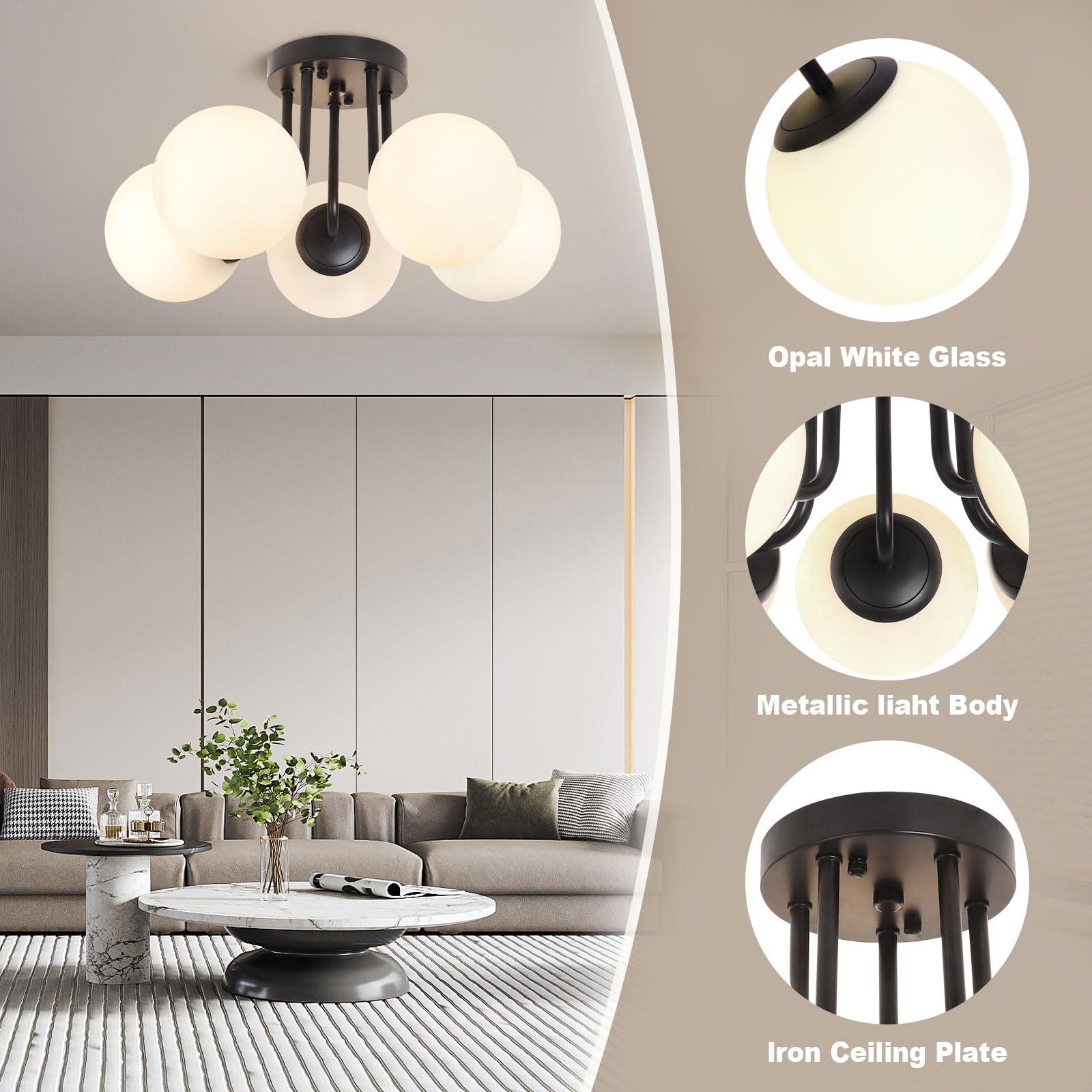 Bektas 5-Lights Semi Flush Mount Ceiling Light Fixture Matte Black Light Fixture Bend Modeling With Milk Glass Globe For Bedroom,Living Room,Dinning Room Foyer Hallway
