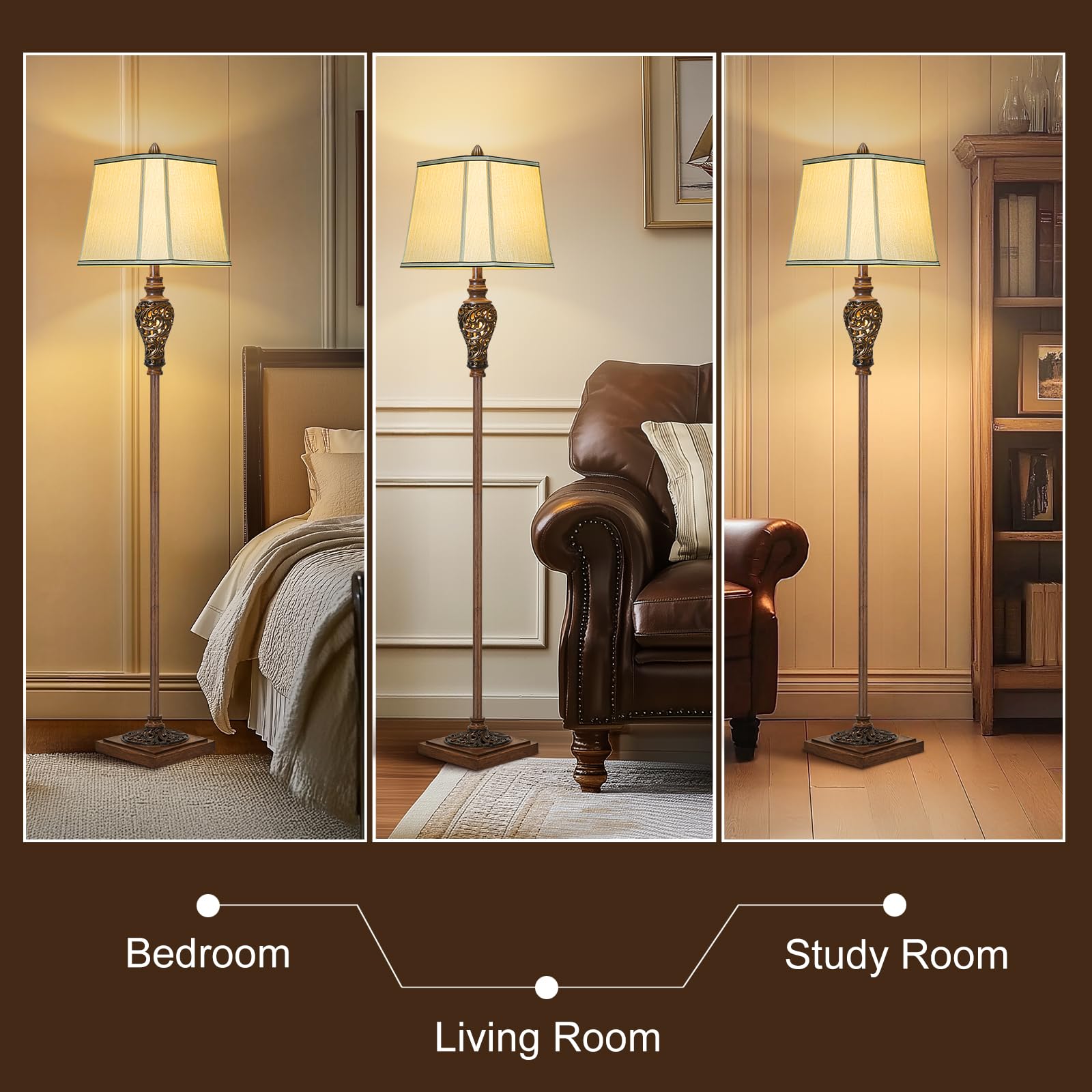 Vintage Floor Lamp With Nightlight, 65'' Rustic Standing Lamp With Beige Faux Silk Shade, Farmhouse Style Design Tall Lamp Decor