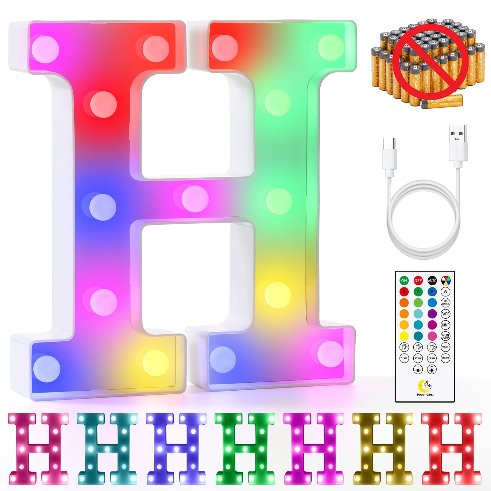 Mooncow Rechargeable Light Up Letters,Colorful Marquee Letters With Remote,Gift Wrap Gifts,Bedroom Home Bar Party Decor (H)