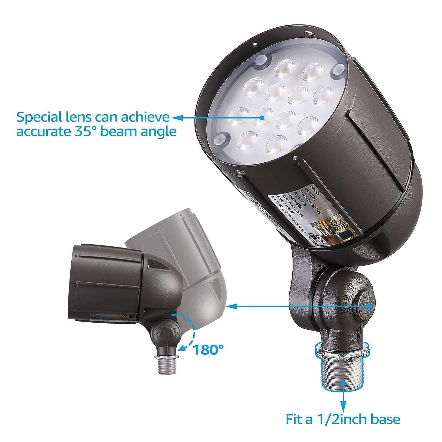 Leonlite 12W Led Bullet Flood Light With Knuckle Mount, 80W Eqv. 1550Lm 5000K Daylight, 100-277V Commercial Outdoor Weatherproof Landscape Light, Flag Pole Light, Ul-Listed, Bronze