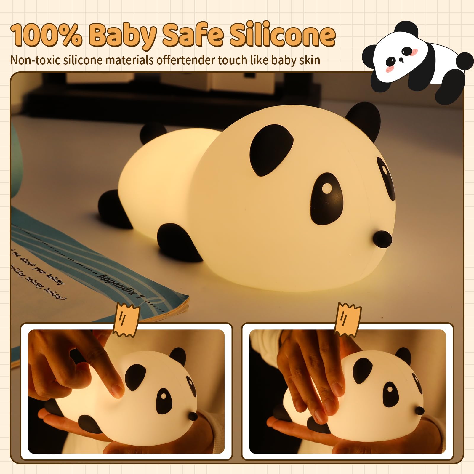 SALUOKE Panda Night Light - Rechargeable Silicone Lamp with 7 Soft Colors, Tap Control & Sleep Timer for Kids' Room & Nursery