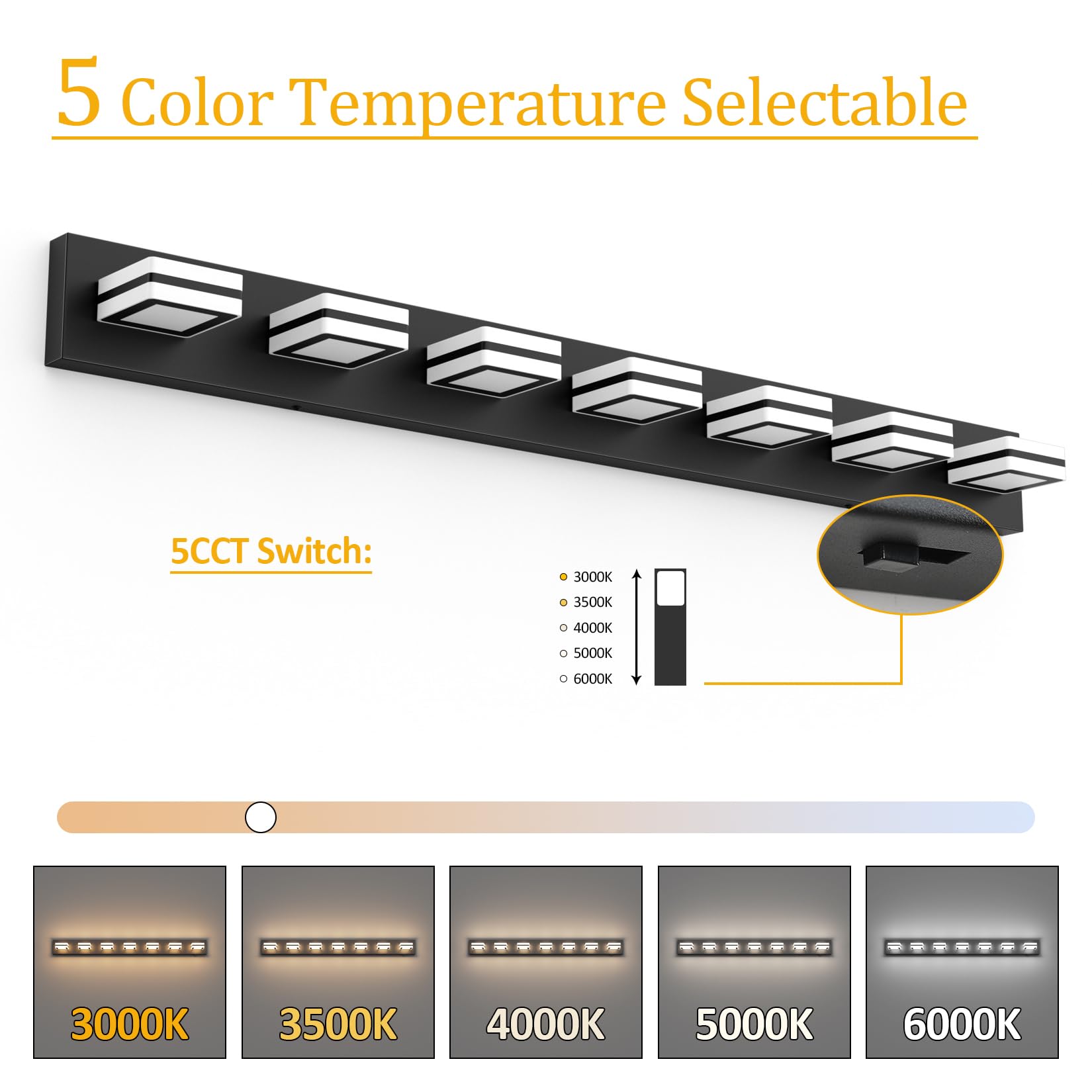 Ralbay 5 Color Temperature Dimmable 46Inch Matte Black Vanity Lights Acrylic Modern Led Black Vanity Lighting For Bathroom 7 Lights