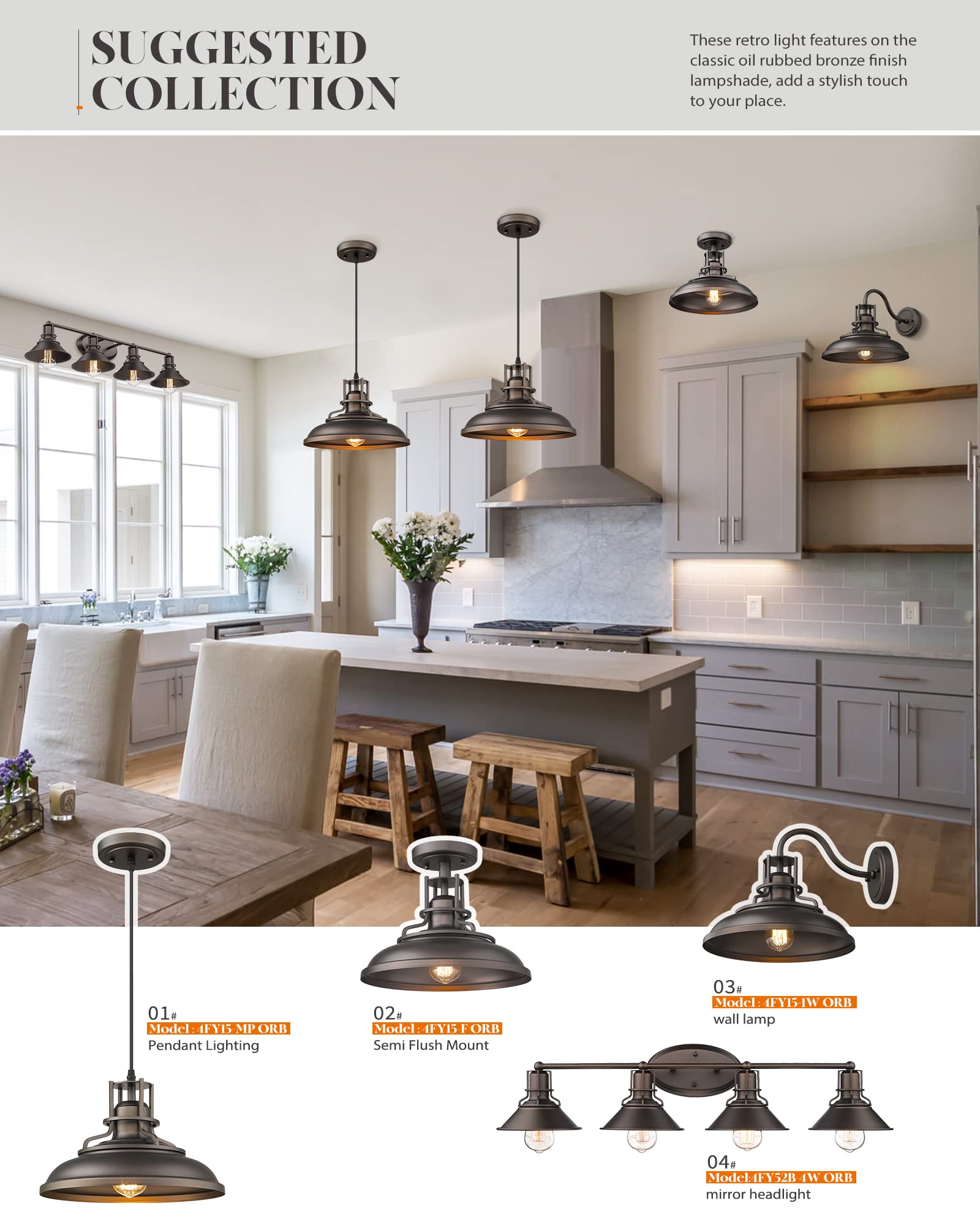 FEMILA Farmhouse Pendant Light 12in Adjustable Height Oil Rubbed Bronze Metal Fixture Model 4FY15-MP ORB