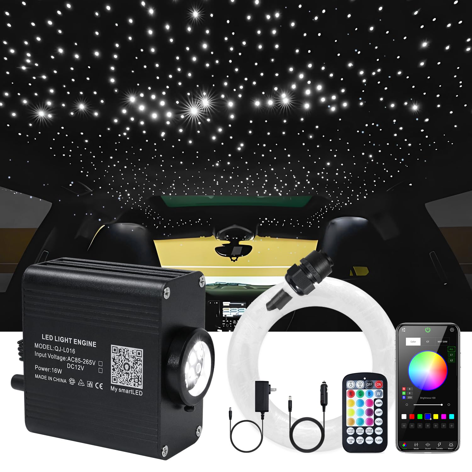 WEBUPAR Starlight Headliner Kit - RGBW Fiber Optic Lights, 550 pcs, 0.03in x 13.1ft, Bluetooth App & Remote Control, Black,
