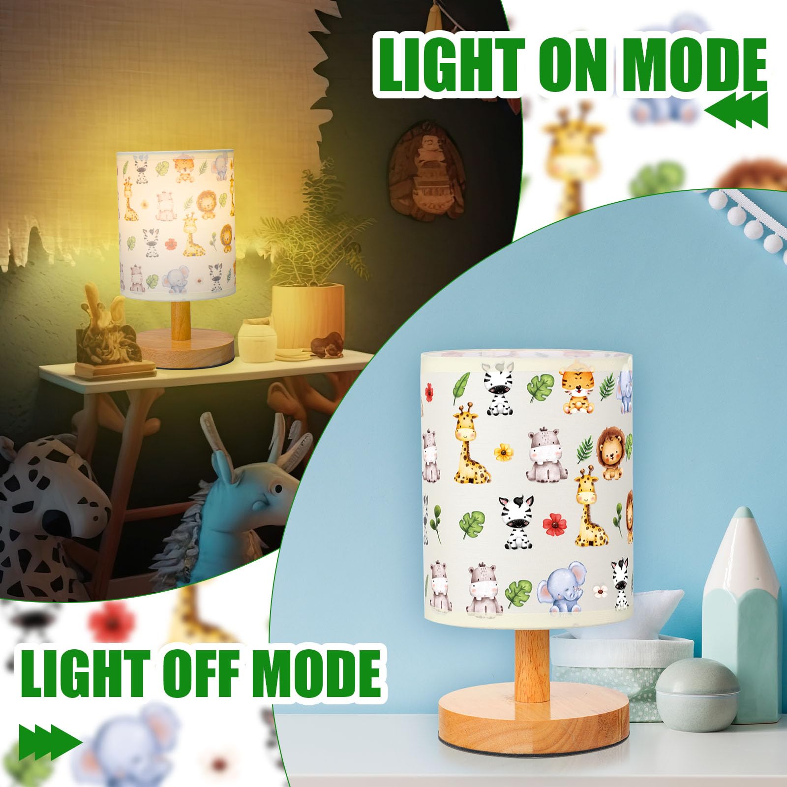 Vihose Safari Animal Table Lamp For Bedroom Kids Bedside Lamp With Linen Wooden Nightstand Lamp Cartoon Nursery Lamp Lampshade F