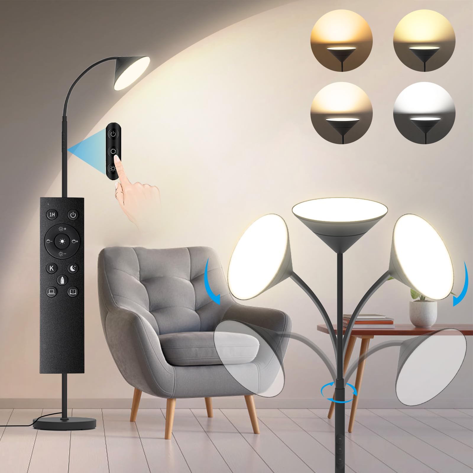 Mukuxin Tall Led Floor Lamp, Dimmable 2700K-6500K, Remote & Touch Control, Black