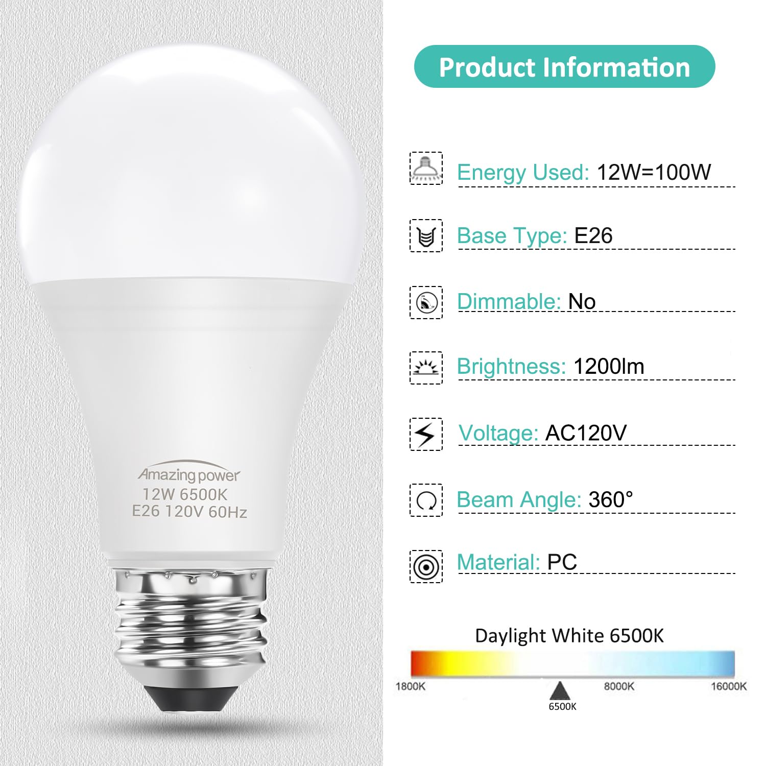 Amazing Power 100W Equivalent E26 Led Bulbs, Daylight White Non-Dimmable Medium Screw Base Light Bulbs 6500K, 4-Pack