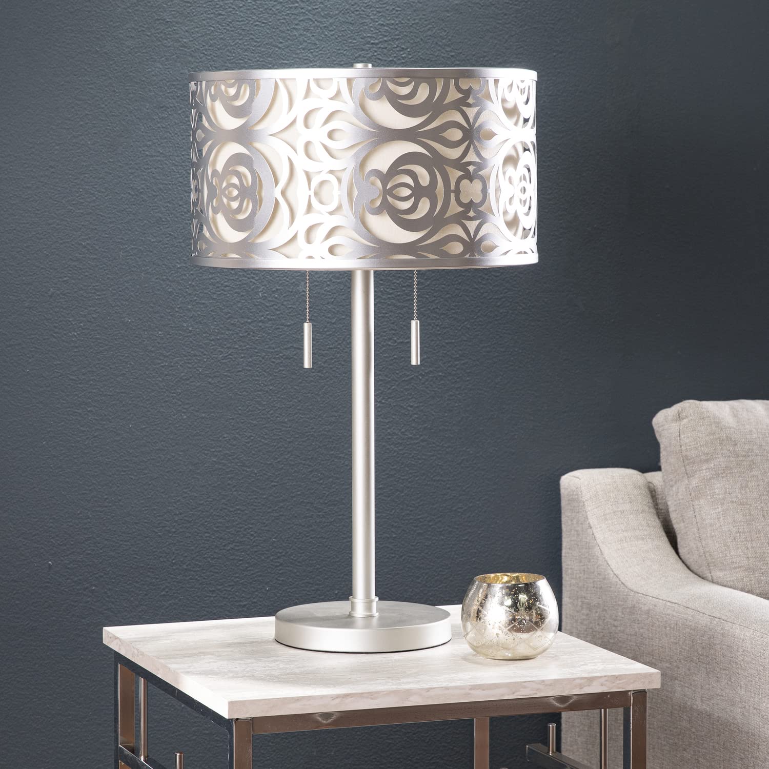 Sei Furniture Vedrix Silver Metal Round Table Lamp With White Shade