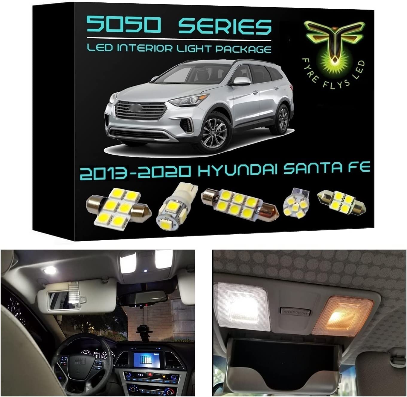 Fyre Flys 11 Piece White Led Interior Lights For 2013-2020 Hyundai Santa Fe 6000K 5050 Series Smd Package Kit And Install Tool
