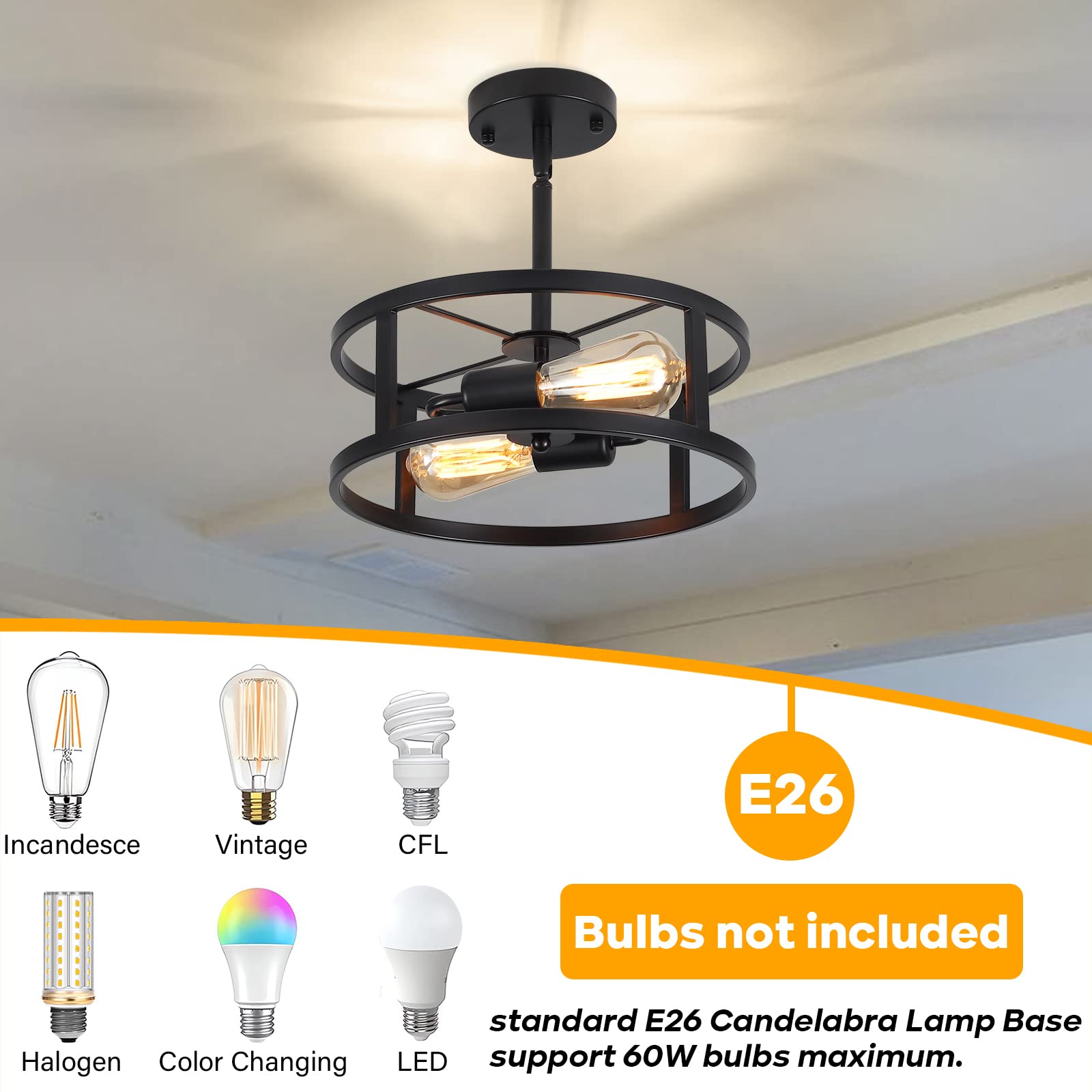 Heircido Industrial Black Semi Flush Mount Ceiling Light,Farmhouse Kitchen Lighting,2 Light Metal Ceiling Light Fixture,Sloped C