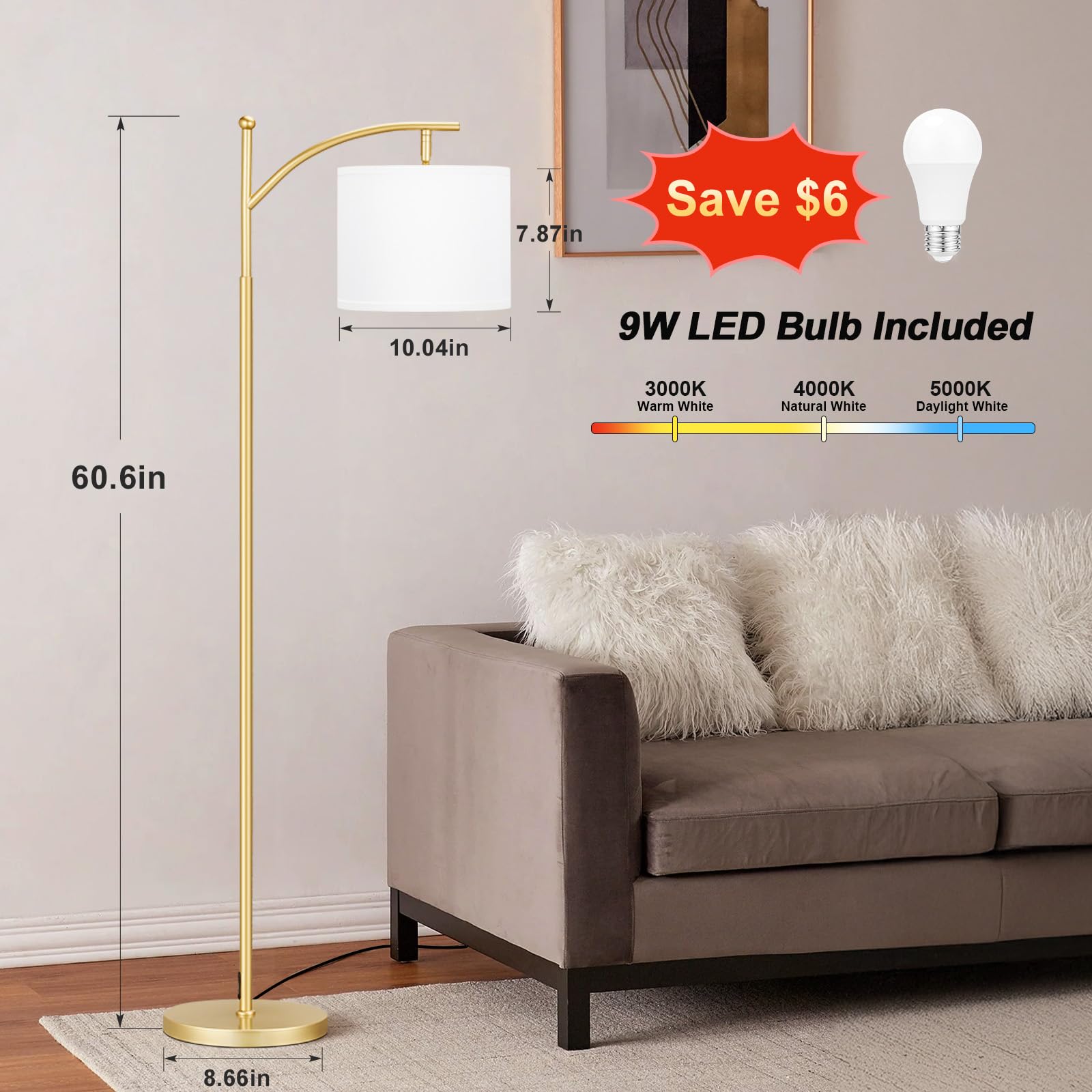 60&quot; Floor Lamps For Living Room With 3 Color Temperatures, Adjustable White Shade With Gold Pole, Tall Lamps For Living Room Bedroom Office Classroom Dorm Room, 9W Bulb Included