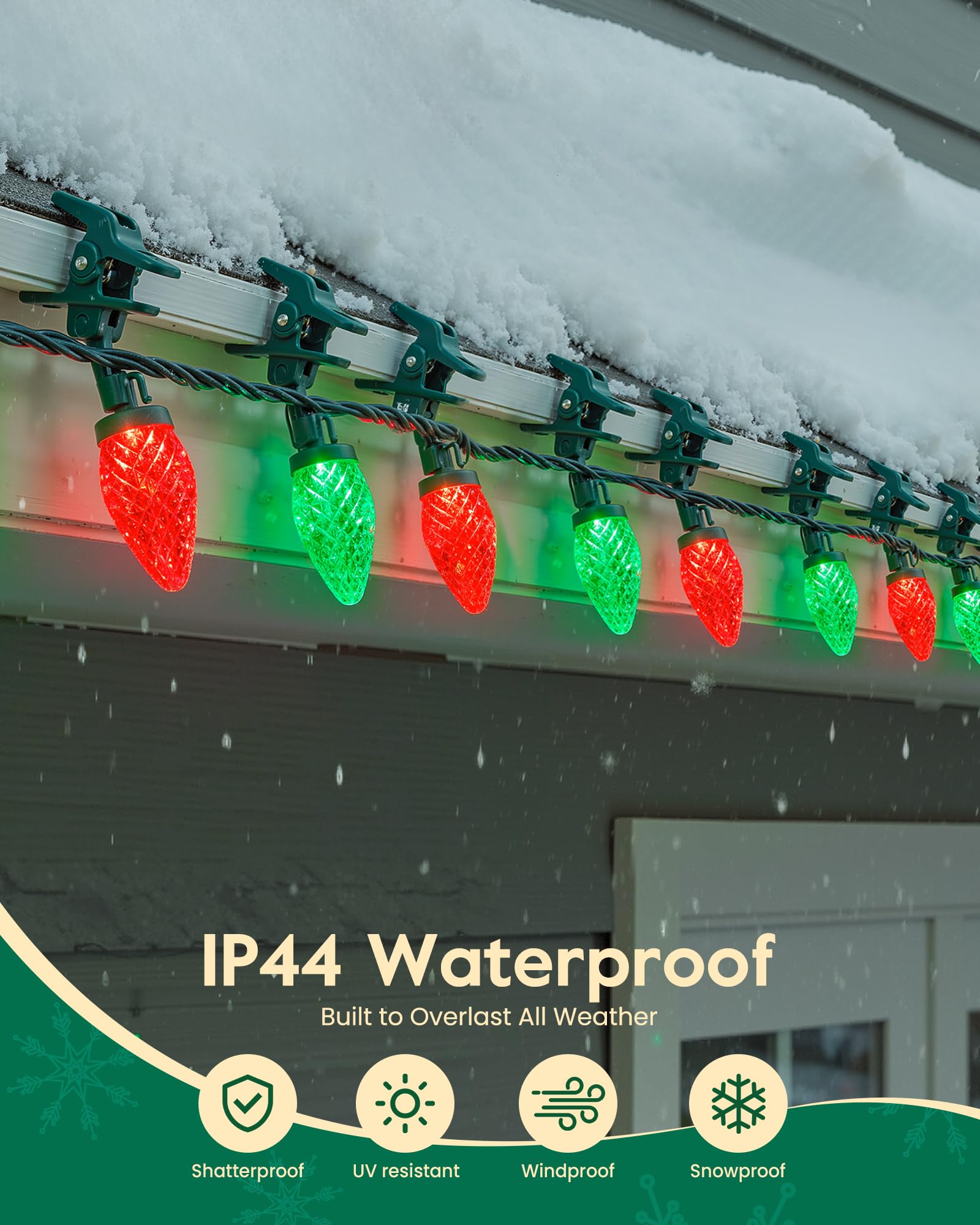 C9 Led Christmas Lights Outdoor With 110 Spring Clips  81Ft 110 Led C9 String Lights Waterproof Connectable For Roofline Patio House Yard Windows Xmas Tree Indoor Outdoor Christmas Decor  Red Green