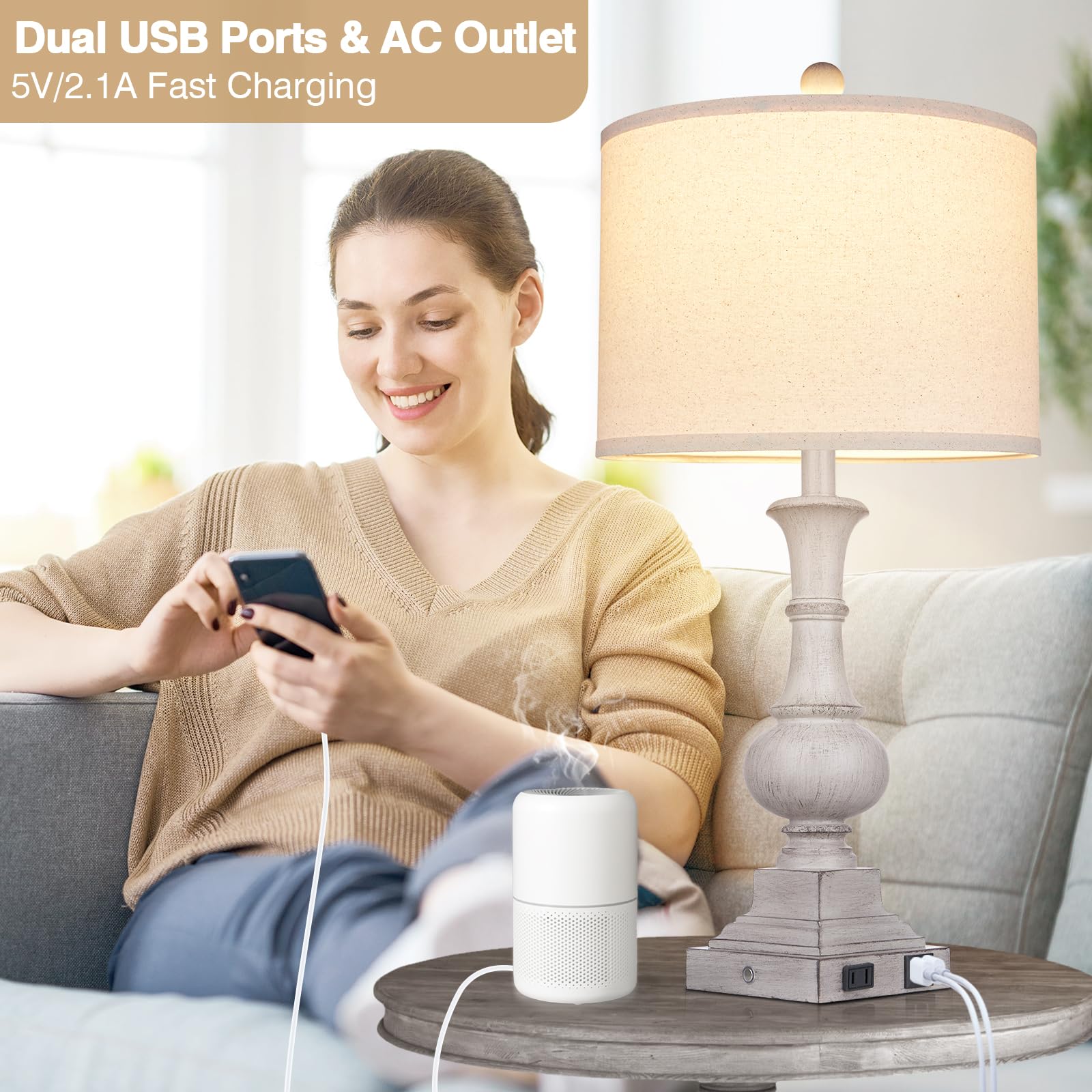 26" Farmhouse Table Lamps Set Of 2, Rustic Touch Control Bedside Lamps With 2 Usb Ports & Ac Outlet, Vintage Resin 3-Way Dimmable Nightstand Lamp Linen Fabric Shade For Living Room Bedroom Decor Gray