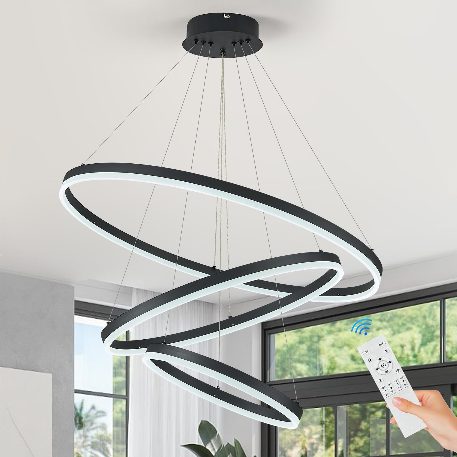 Sparklelf LED Chandelier, Dimmable Pendant Light, 3 Rings 31.5in, Black, Model SE-P60-3BDC1, Remote Control, 3000K-