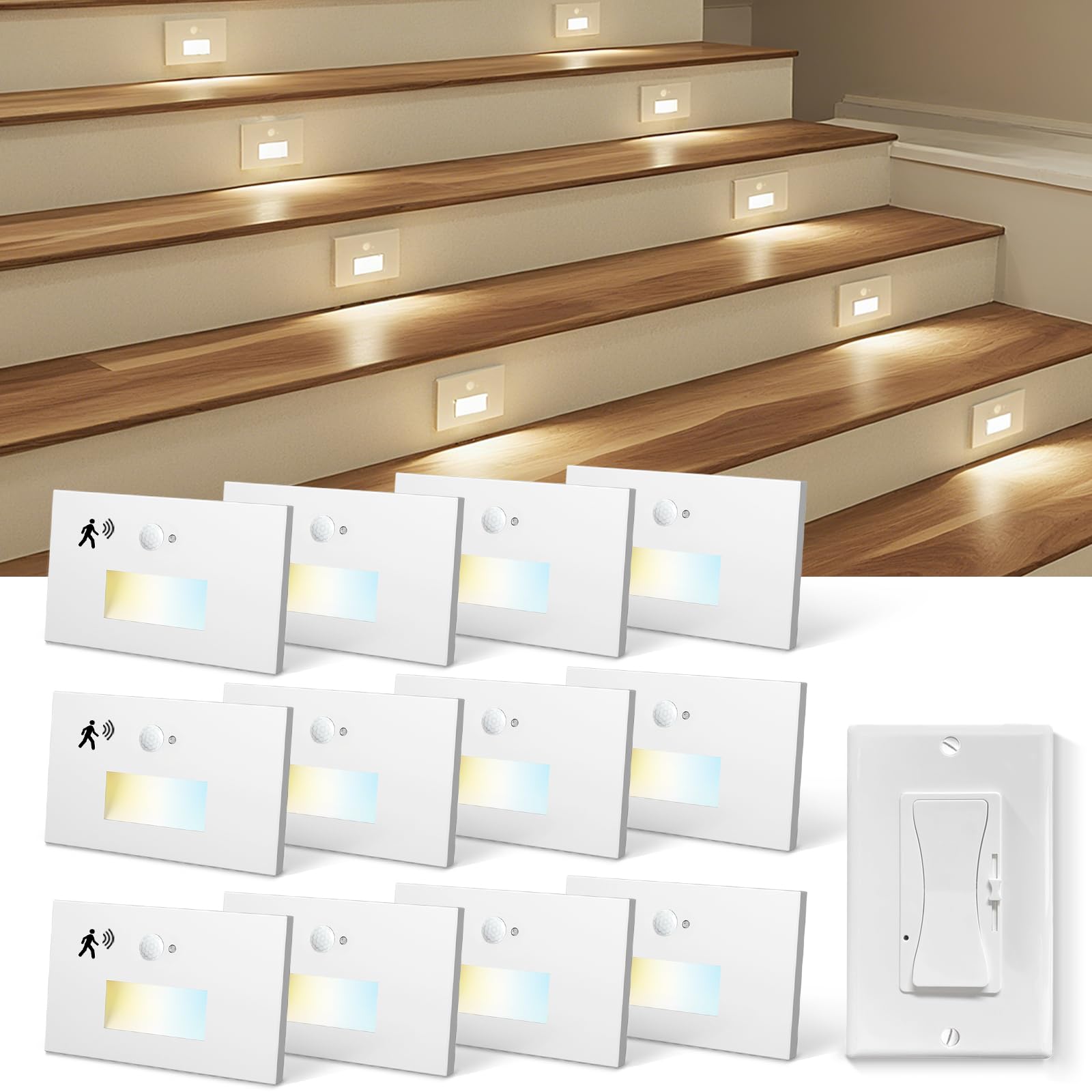 LED Step Lights Indoor Motion Sensor, 4W 300LM 0%-100% Stepless Dimmable 120V Hardwired Stair Lights Outdoor, IP65 Waterproof, 5