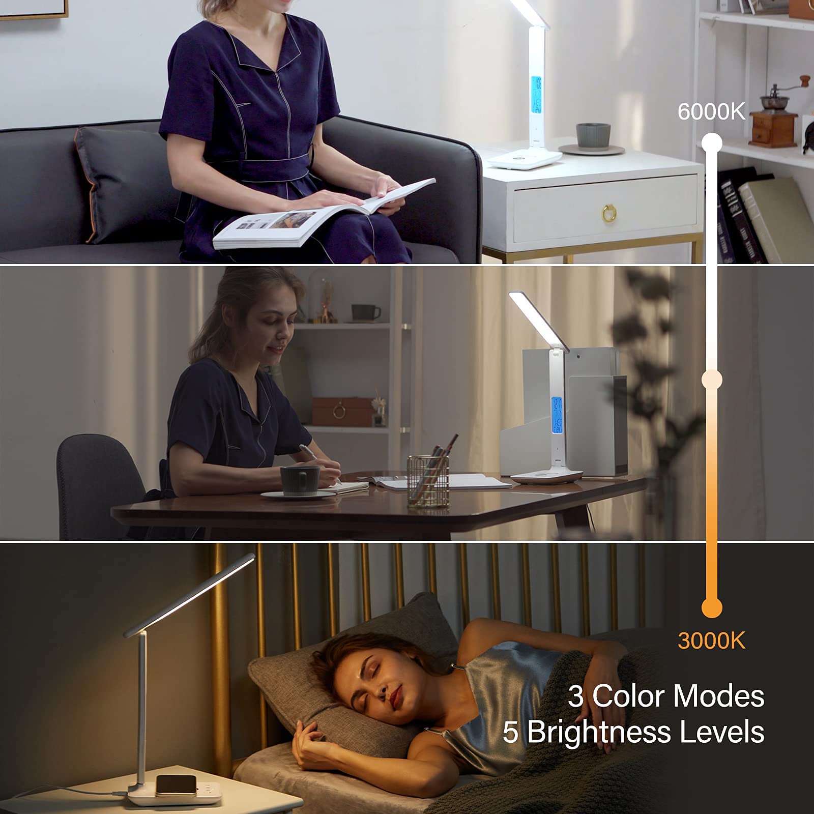 poukaran LED Desk Lamp with Wireless Charger, USB Port, Clock, Alarm, Black