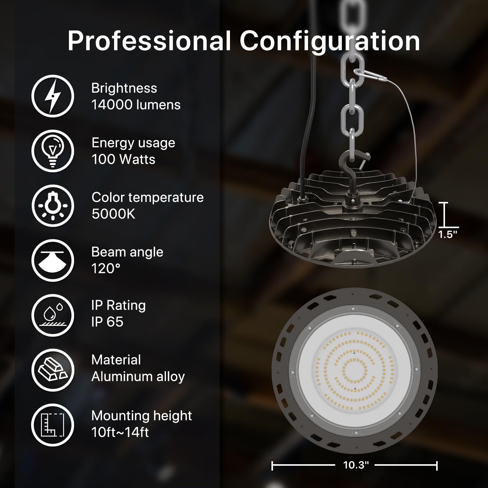 Hyperlite Led High Bay Light 100W 14000Lm 5000K With Us Plug High Bay Led Lights For 10-14Ft Workshop Garage Shop Barn
