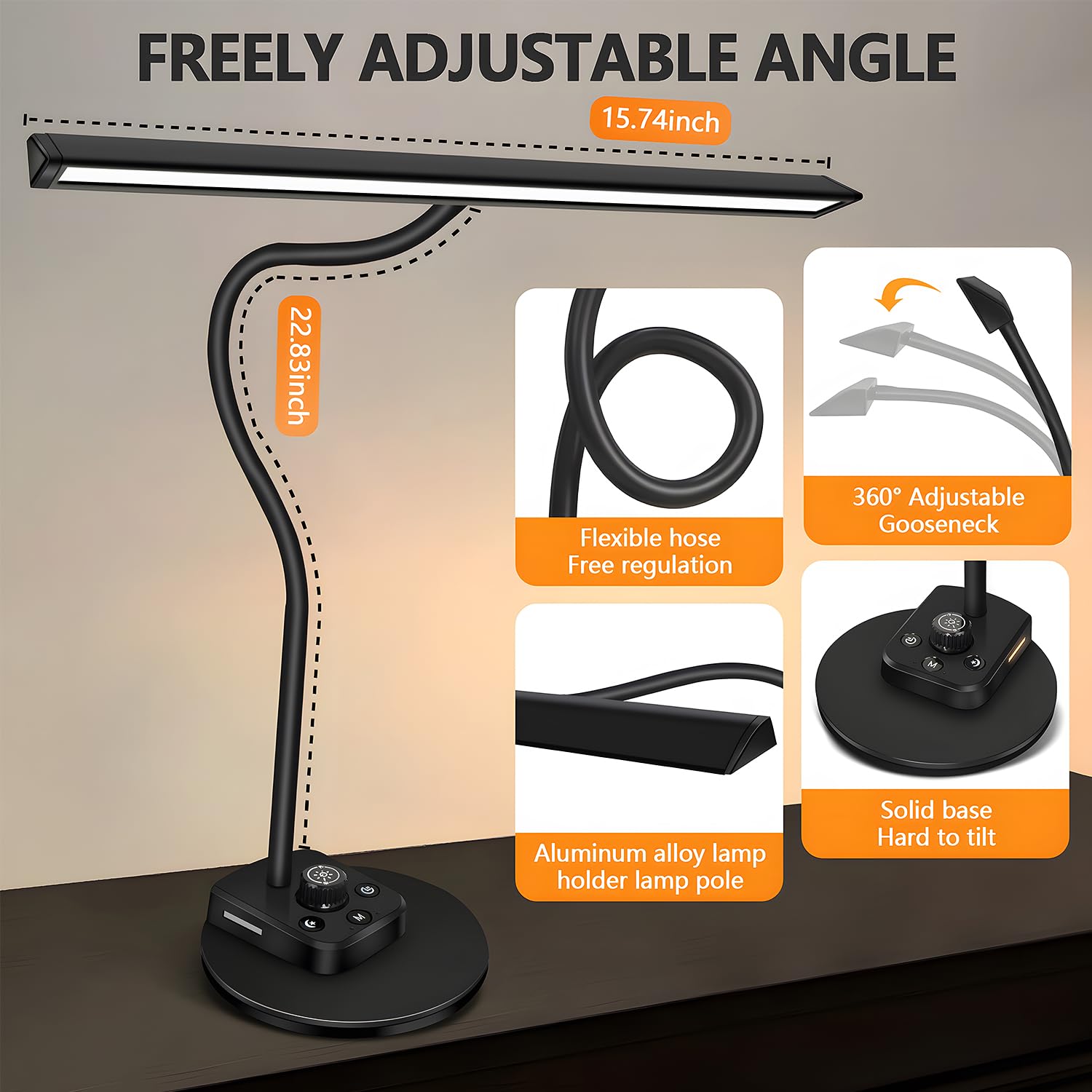 TonyEst Piano Lamp - Upgraded LED Light for Pianos, Adjustable Gooseneck, 5 Dimmable Colors, USB Charging, Black