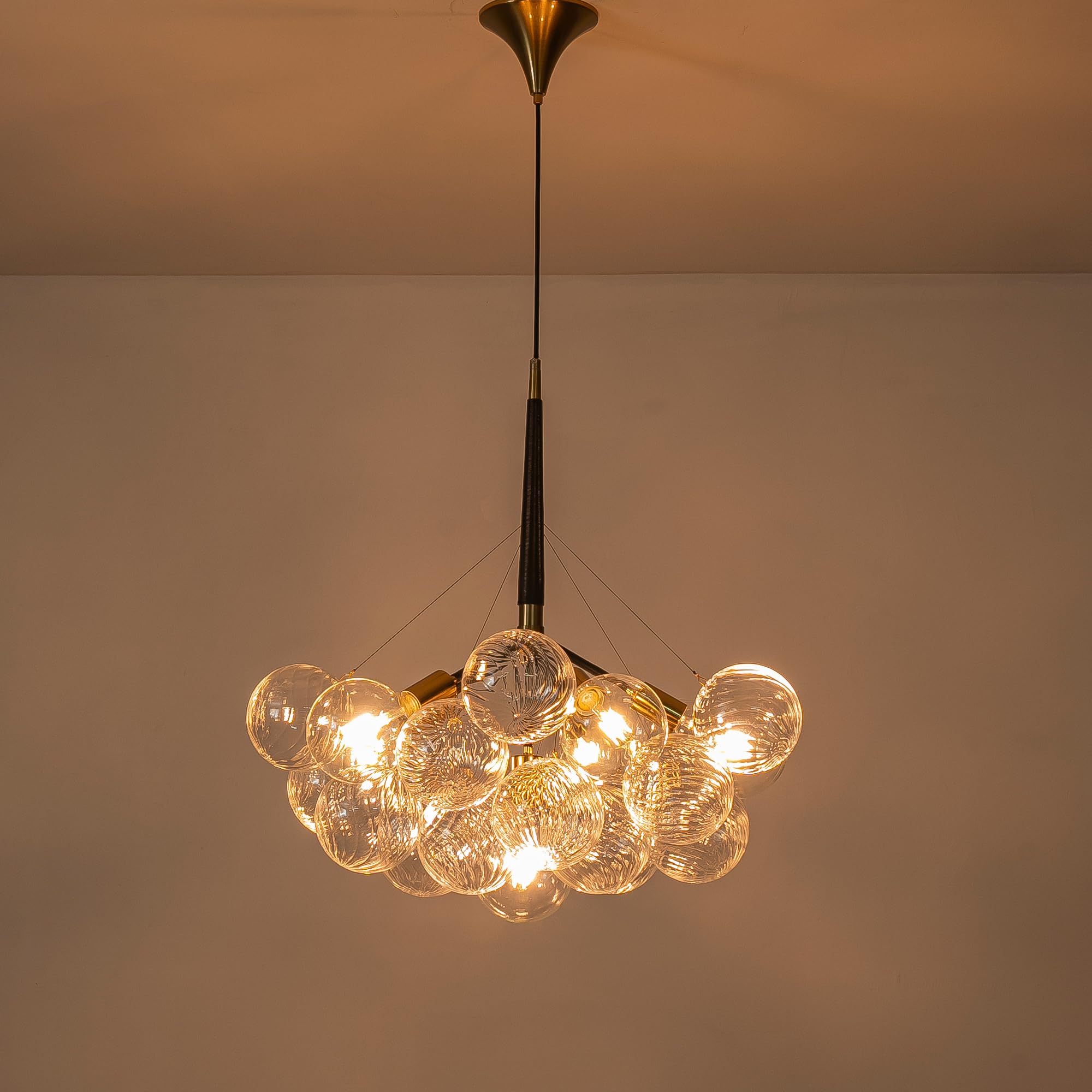 Beypan Mid-Century Bubble Ball Chandelier Clear Swirled Blown Glass 6-Light Cluster Globe Pendant Light Dia 24" Black Gold Chandeliers Lighting Light Fixtures For Dining Room Bathroom Island Entryway