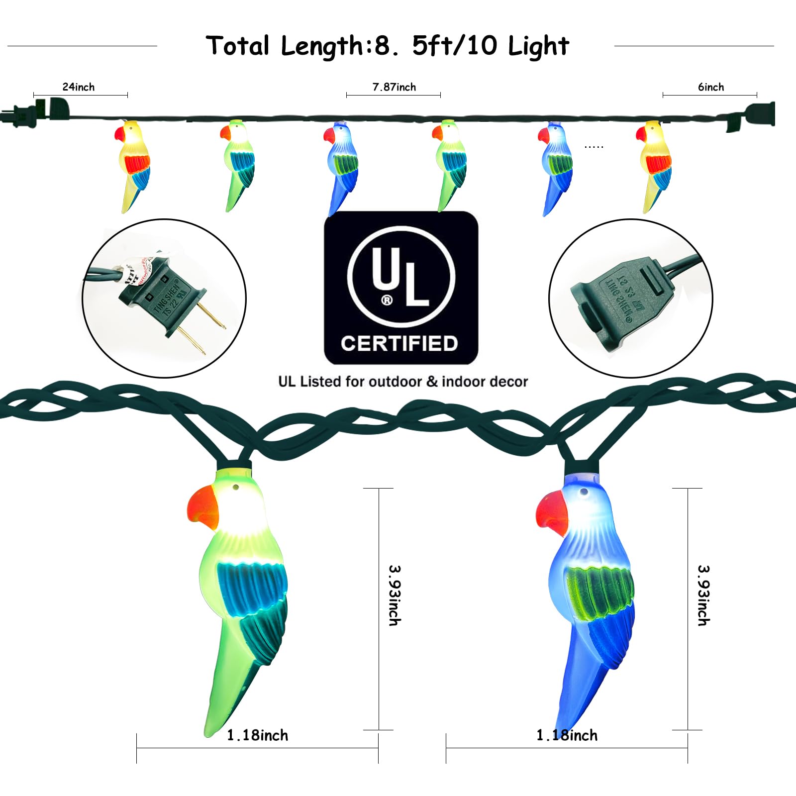 Abeja Parrot String Lights - 8.5FT LED Fairy Lights with 10 Parrot Lights, Plastic, Tropical Decor, Indoor/Outdoor Use
