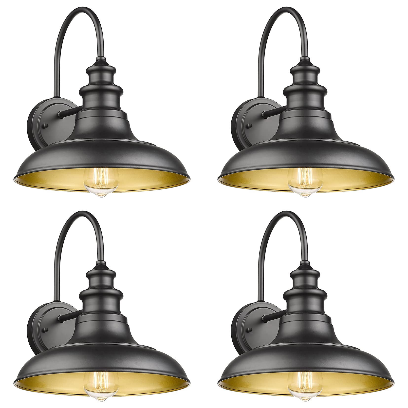 Diyel Outdoor Barn Light Fixture Farmhouse Wall Mount Light Gooseneck Wall Sconce Exterior Wall Lighting Fixture Industrial Black Finish Lantern For Porch With Gold Interior  4Pack  Rz004-4Pack Bk