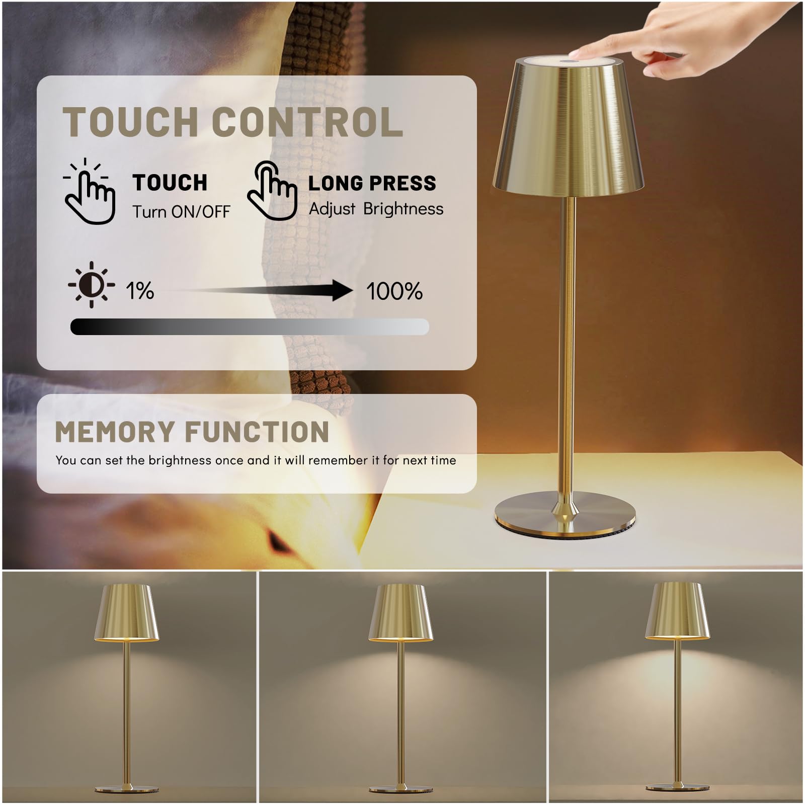 Maksone LED Cordless Table Lamp, Rechargeable 6600mWh, 3000K Dimming, IP54 Waterproof, Gold, Model USH2405-WT2PCSWW