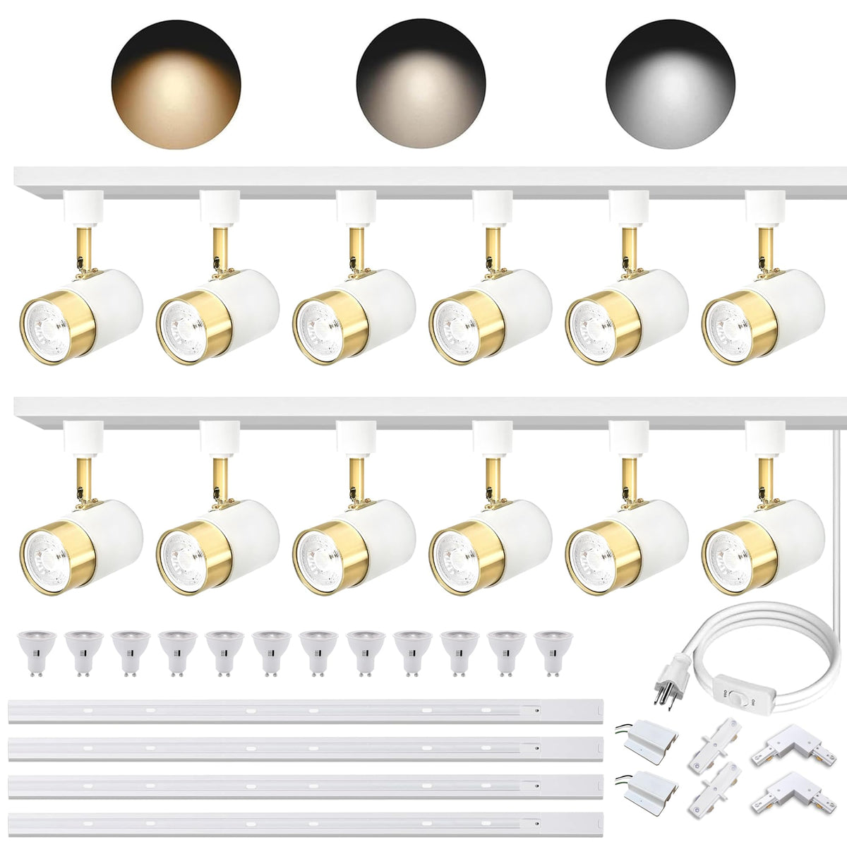 Yuemegou Adjustable Gu10 3Cct 10W Led H Type Track Lighting Kit With 12Pcs Replaceable Gu10 Bulbs And 13.1Ft Track Rails, Luxuri
