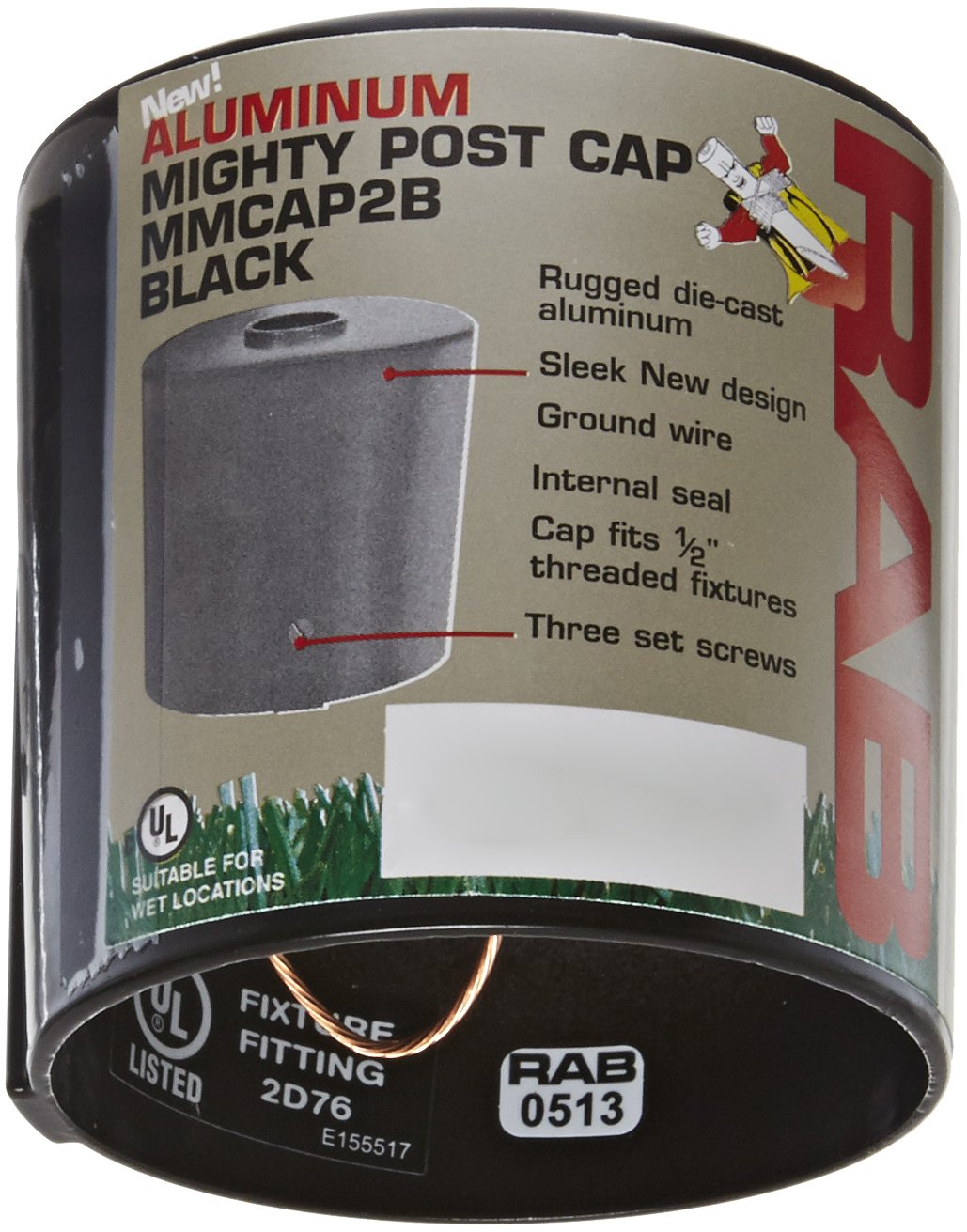 RAB Lighting MMCAP2B Mighty Post Metal Caps, Aluminum, 2in Pipe, 2-3/8in OD x 2-3/4in Height, Black