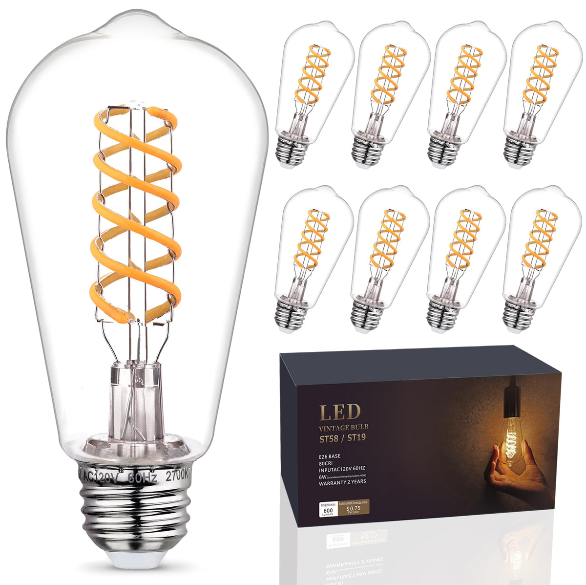 Emymlite 8 - Pack Dimmable Vintage Led Edison Bulbs, E26 Led Bulb 60 Watt Equivalent, Warm White 2700K, St19/St58 Antique Spiral
