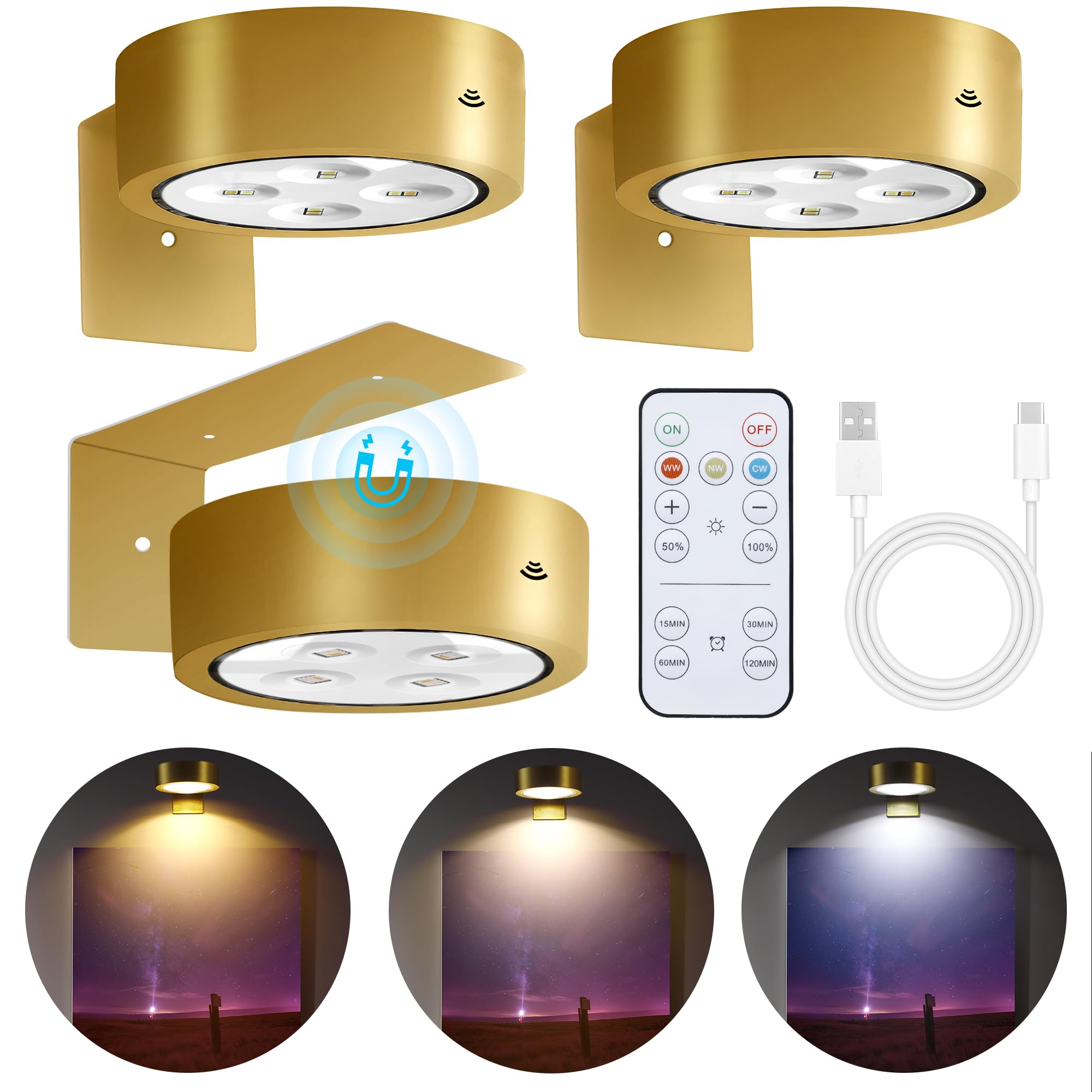 3-Pack Picture Lights for Wall, Rechargeable Battery Operated Led Painting Light with Remote Dimmable & Timer, 3 Lighting Modes 