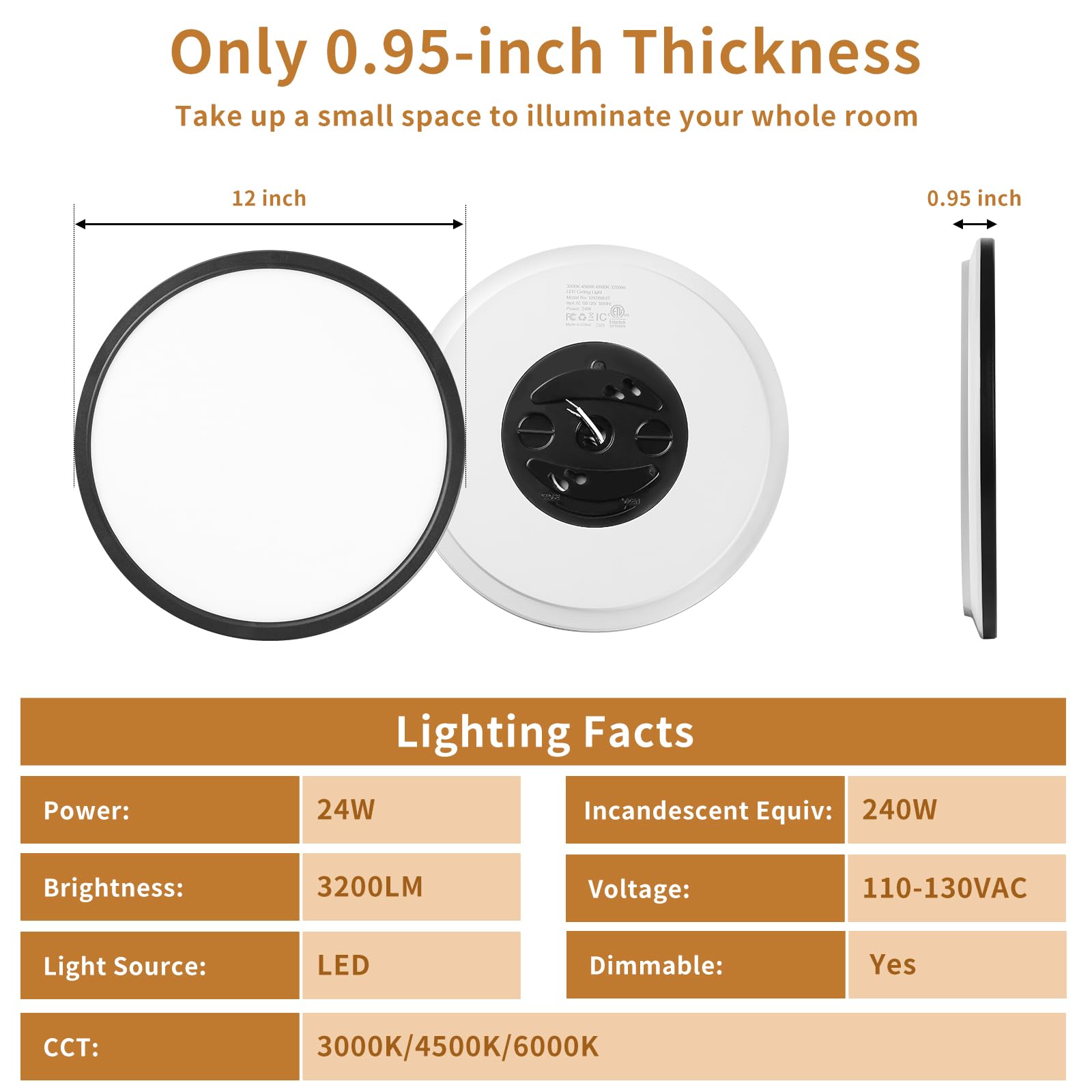 3200Lm Flush Mount Ceiling Light Fixtures Black 12Inch, Dimmable Led Ceiling Lights For Bedroom, Cct Adjustable 3000K 4500K 6000