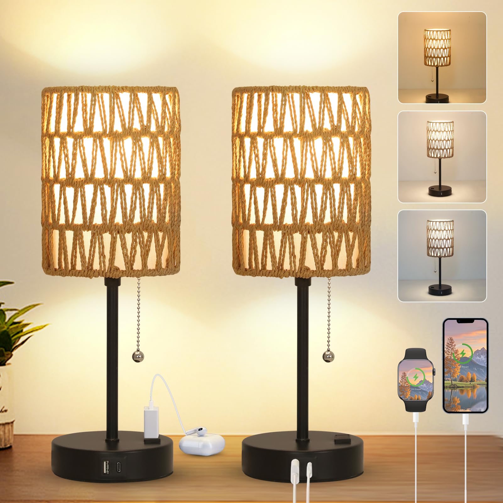 Rattan Bedside Table Lamps Set of 2 - Boho Lamps With 3 Color Temperatures & USB AC Port, Pull Chain Table Lamp For Bedroom, Cut