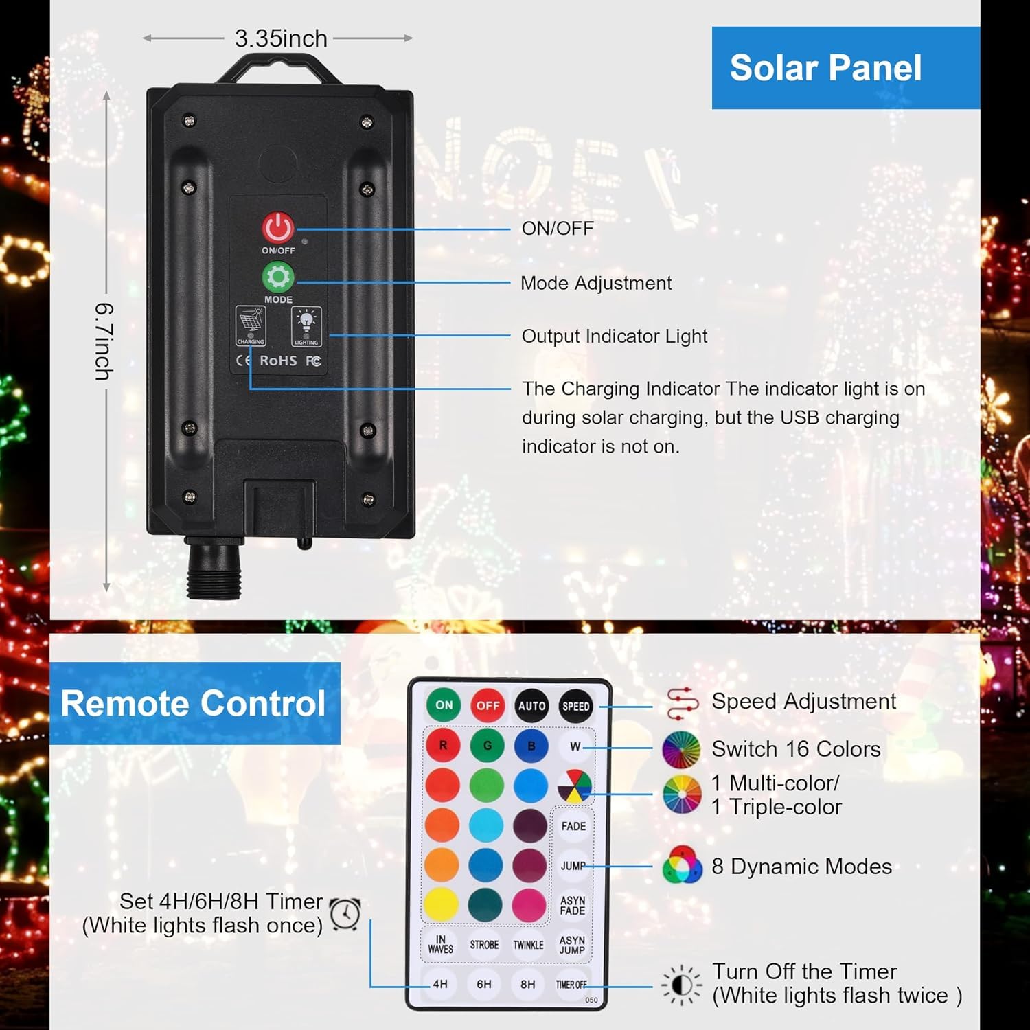 XEWEA Solar Rope Lights, 39Ft String Light, 66LED, 16 Colors, 20 Modes, Solar Powered, for Garden, Fence, Patio, Christmas, Solar-100R