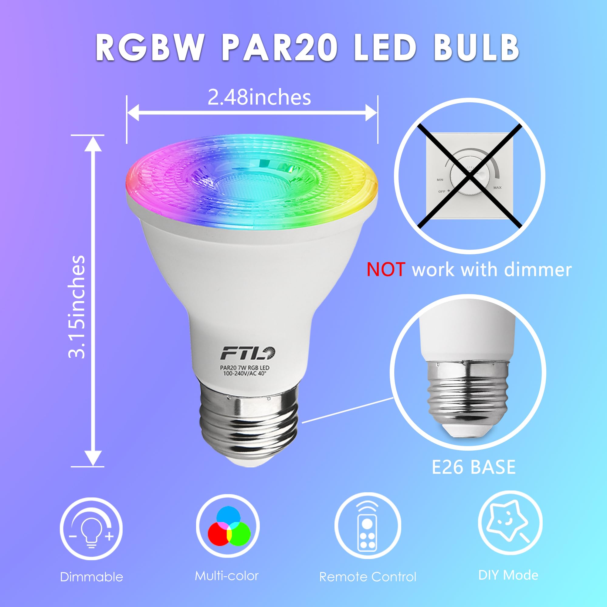 FTL PAR20 LED Bulbs, 7W Color Changing RGB, Dimmable, Remote Control, 10-Pack, 2700K-6000K, Flood Light for Track/Recess