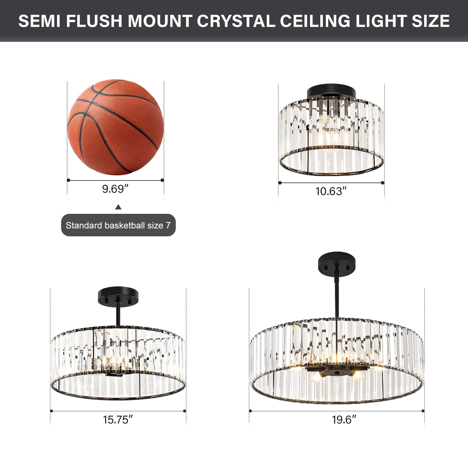 Violoemi Modern Blcak Semi Flush Mount Ceiling Light  Crystal Dining Room Chandelier Light Fixture  6-Light Drum Lighting Fixtures For Foyer Kitchen Living Room Bedroom (19.6 Inch)