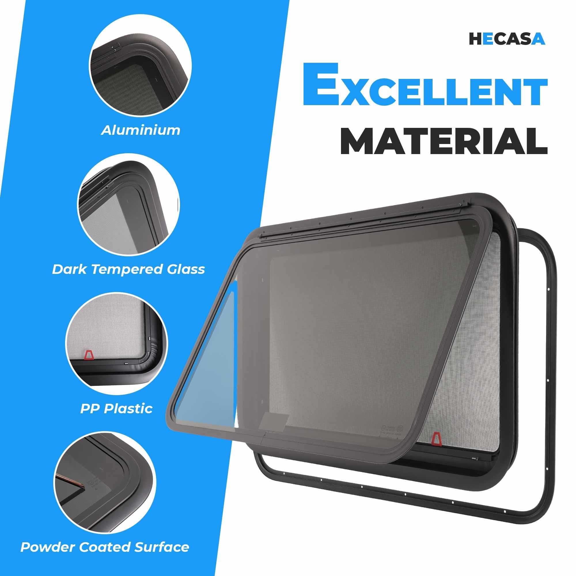 HECASA RV Emergency Exit Window 30" x 20" Tinted Glass w/Trim Ring & Screen - Model MO-5419, Aluminium & Rubber