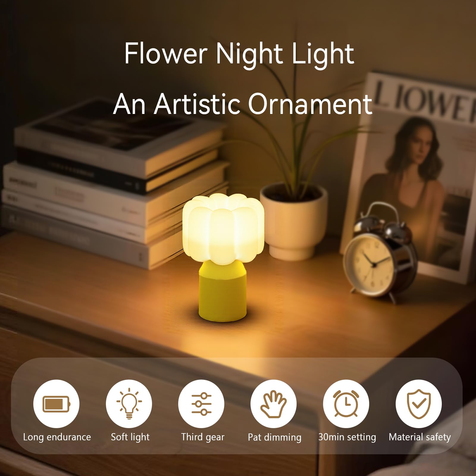 Vivilumens Kids Night Light - Dimmable Touch Control, Rechargeable, 3.14inx3.14inx4.68in, Yellow White, Silicone Rubber, Auto Off