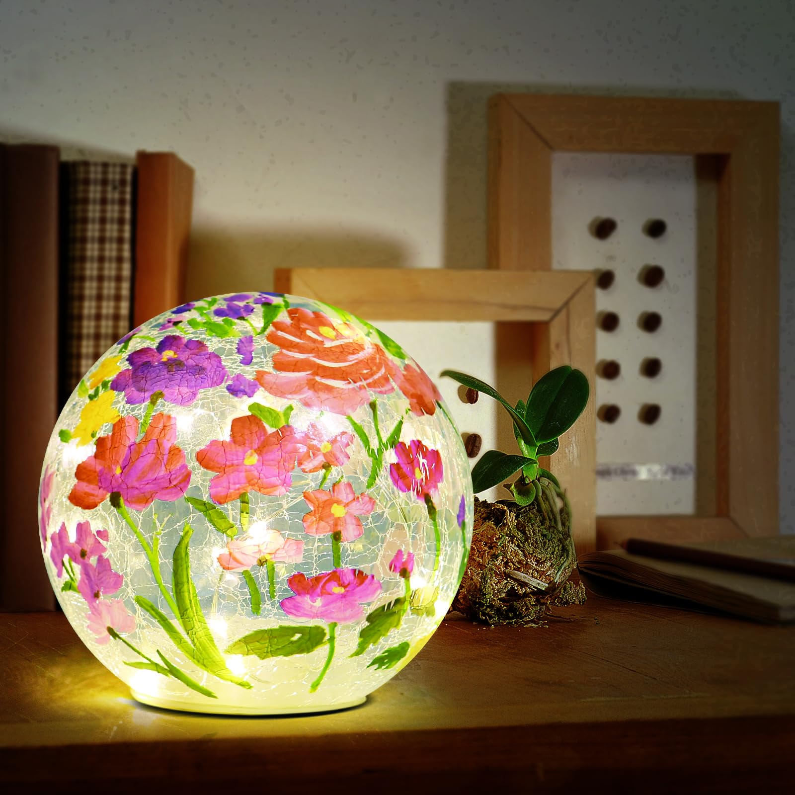 Berscah Glass Ball Light Crackle Led Night Light Flower Grass Pattern Globe Glass Table Lamp, Orb Cardinal Night Light For Outdo