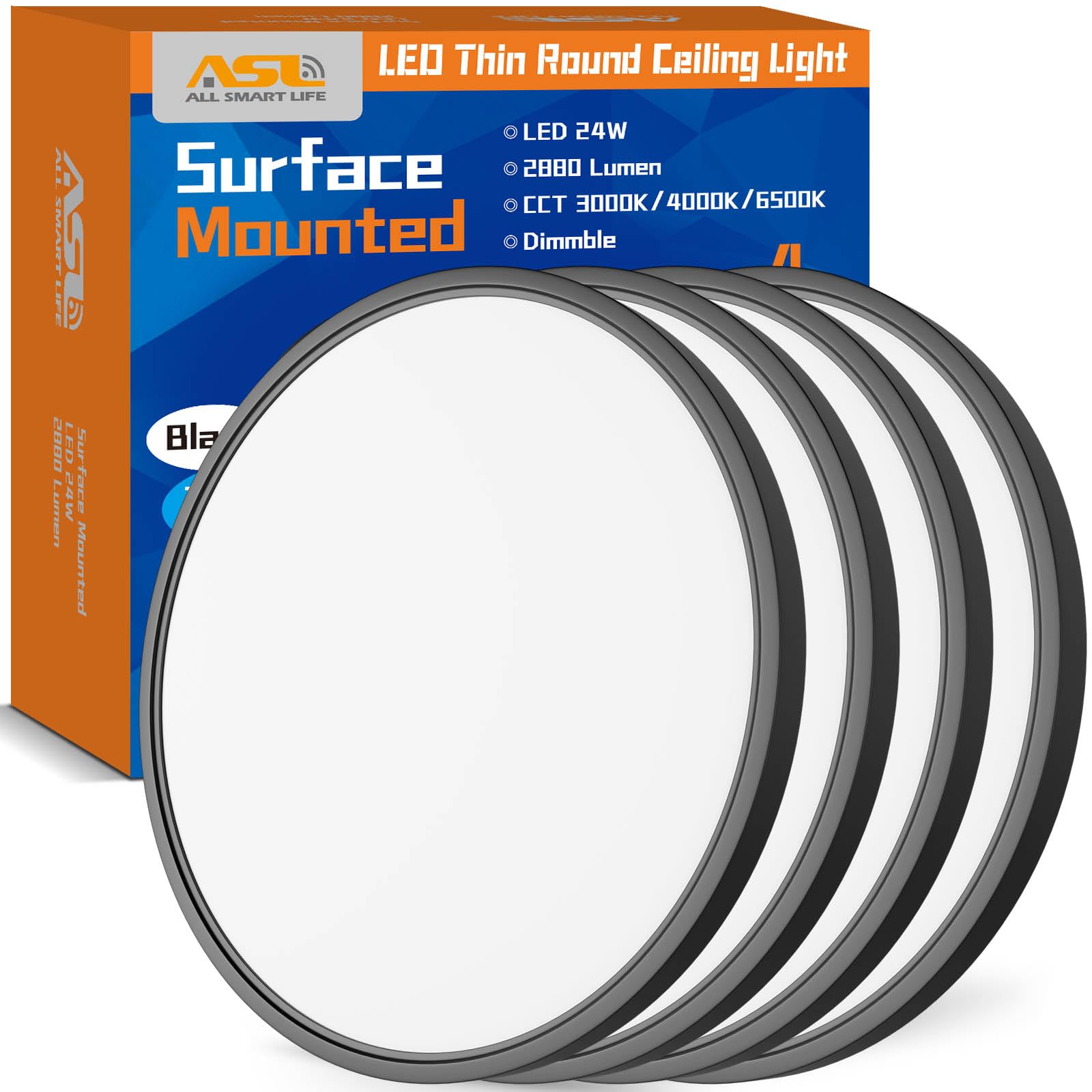 Allsmartlife 4-Pack Led Flush Mount Ceiling Light 12 inch, 24W 2880lm Dimmable CCT 3000K/4000K/6500K Edge-Lit Thin White Round L