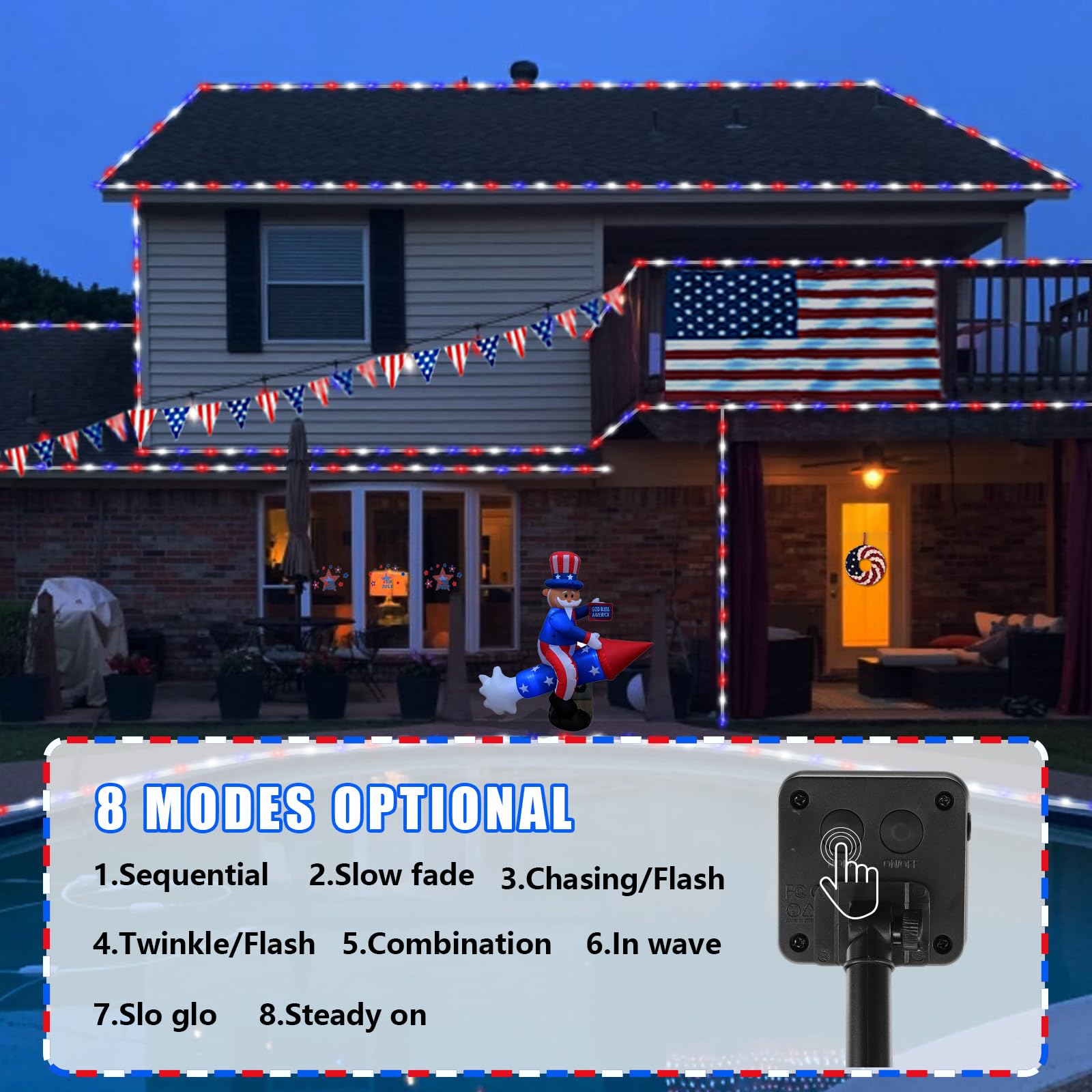 Yeguo 4Th Of July Decorations Red White And Blue Lights, 2 Packs Each 33Ft 100 Led Solar Rope Light With 8 Modes For Patriotic I