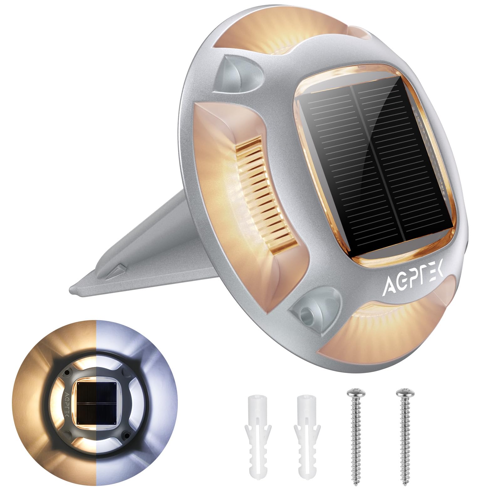 AGPTEK Solar Driveway Light, 1 Pack, Waterproof LED, Warm & White Light, Aluminum, Model SLD1SD, for Pathway, Garden, Dock