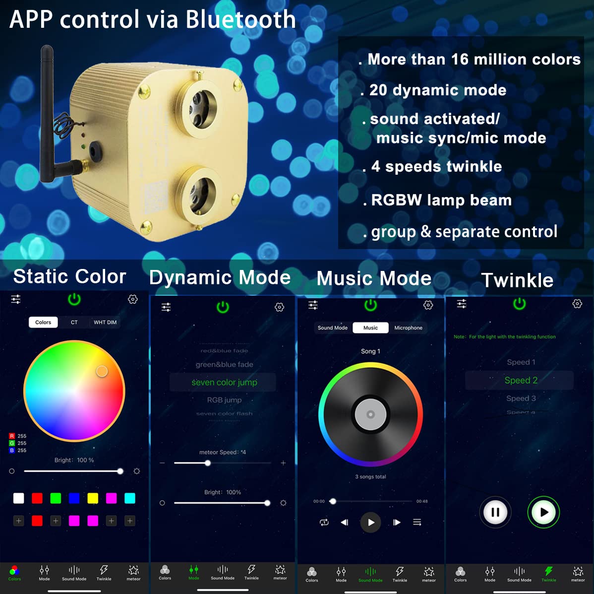 AZIMOM Bluetooth Fiber Optic Lights Kit, 20W RGBW, 860pcs 13.1ft Strands, Gold, Model QJ-L016, Remote APP Control