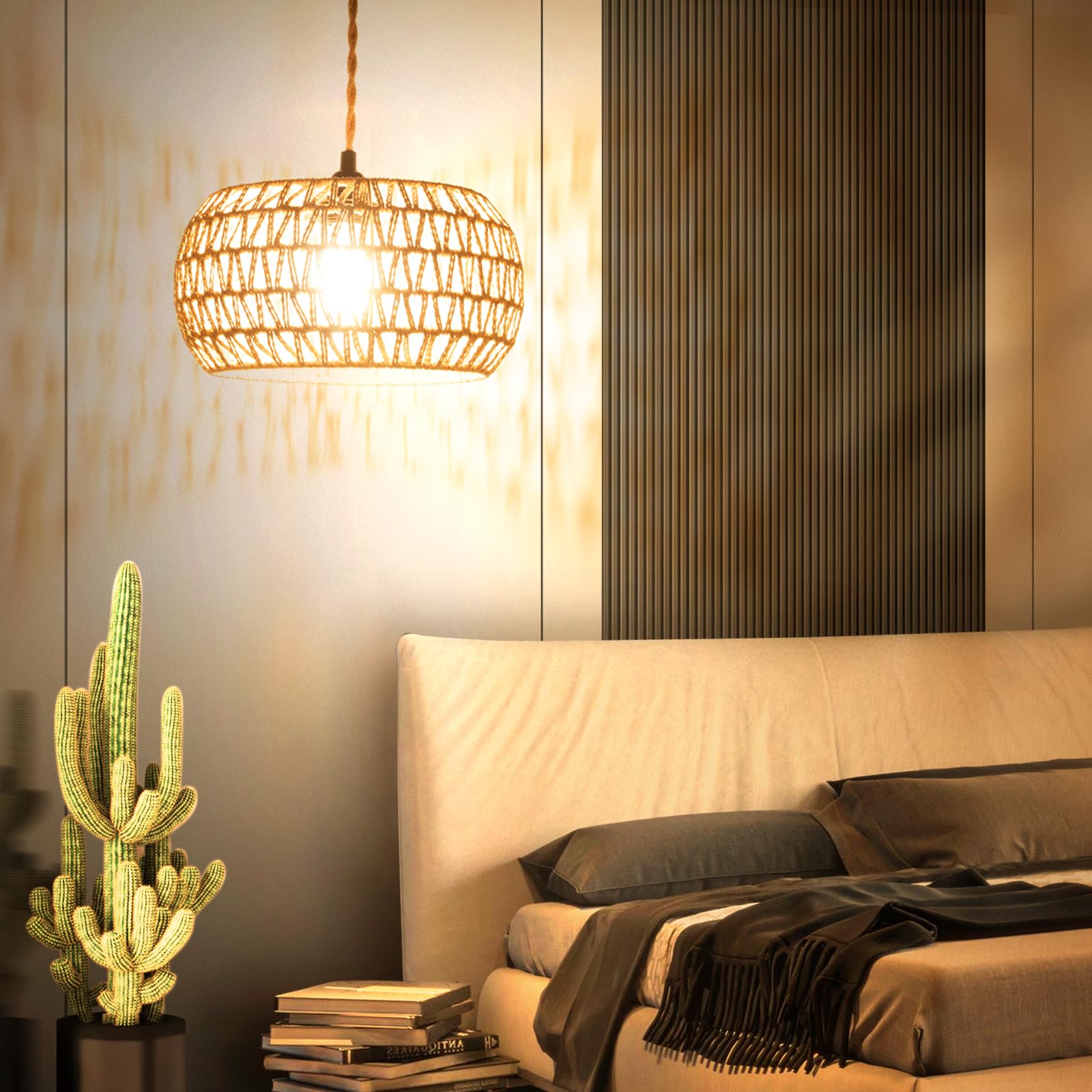 Eqquorva Plug In Pendant Light,Rattan Hanging Lights With Plug In Cord,Handmade Hanging Lamp Plug In,Rattan Light Fixtures Ceiling Hanging For Living Room Bedroom